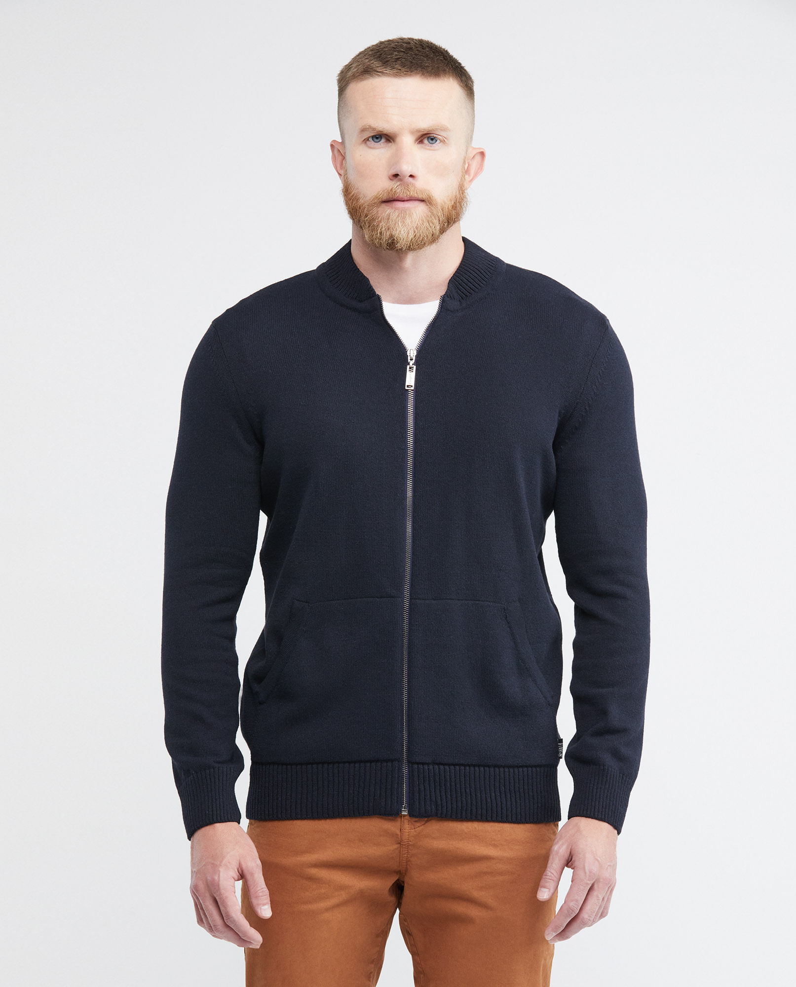 Chaqueta Tejida para Hombre, Cuello Motociclista - Bolsillo Canguro