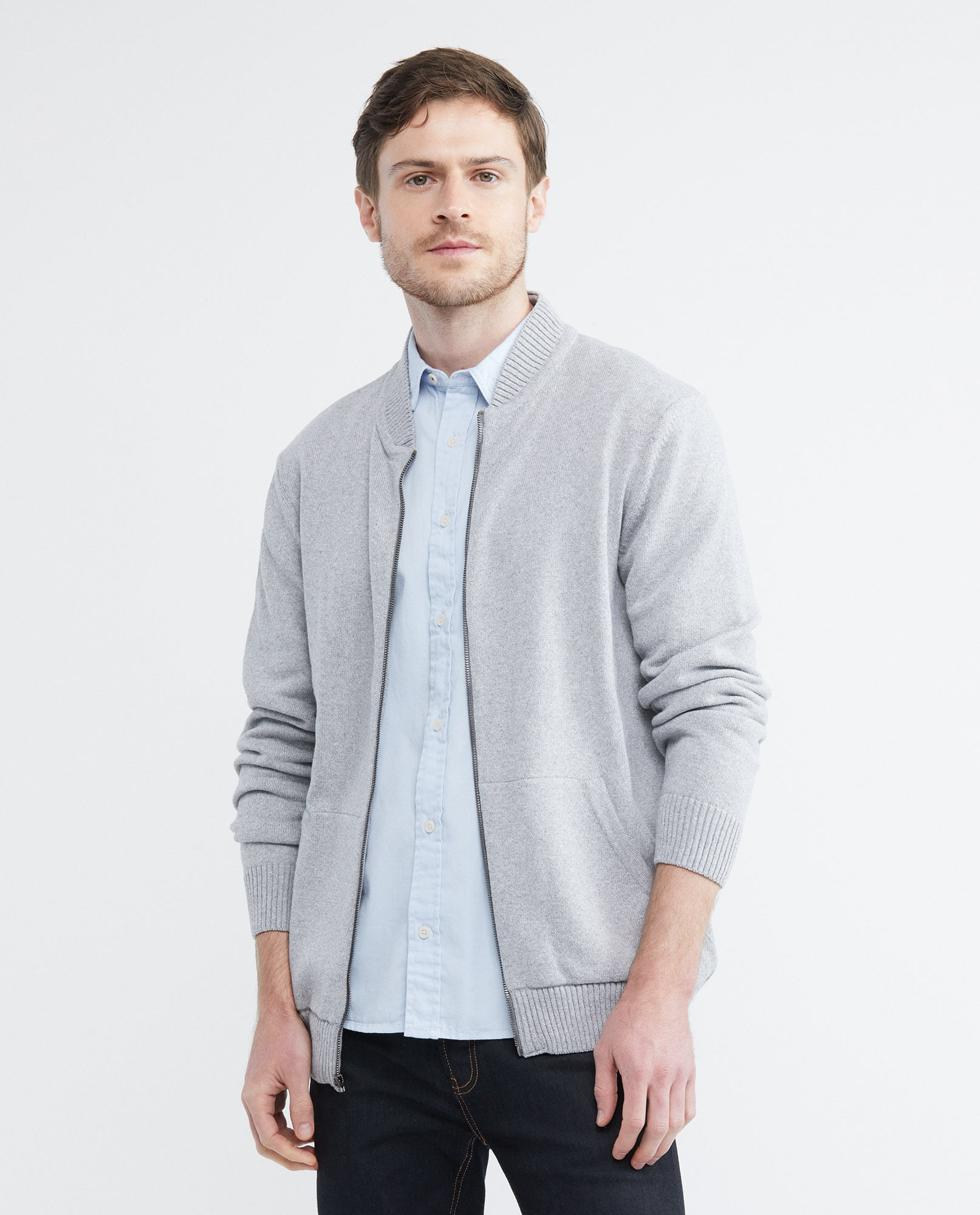 Chaqueta Tejida para Hombre, Cuello Motociclista - Bolsillo Canguro