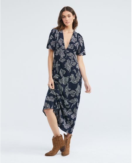 Vestido Largo, Escote Profundo en V Manga Corta - Maxi Print Flores