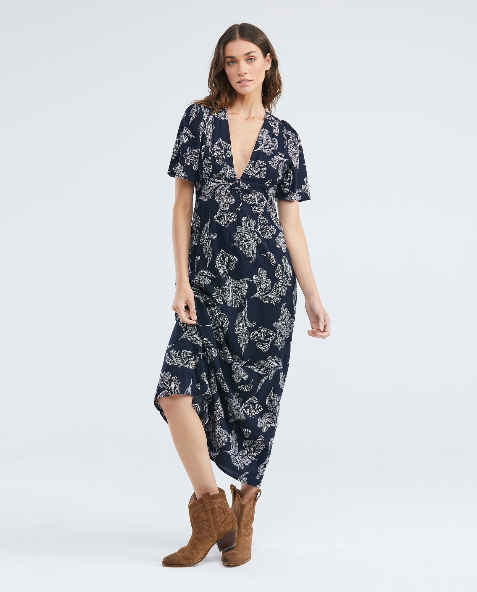 Vestido Largo, Escote Profundo en V Manga Corta - Maxi Print Flores