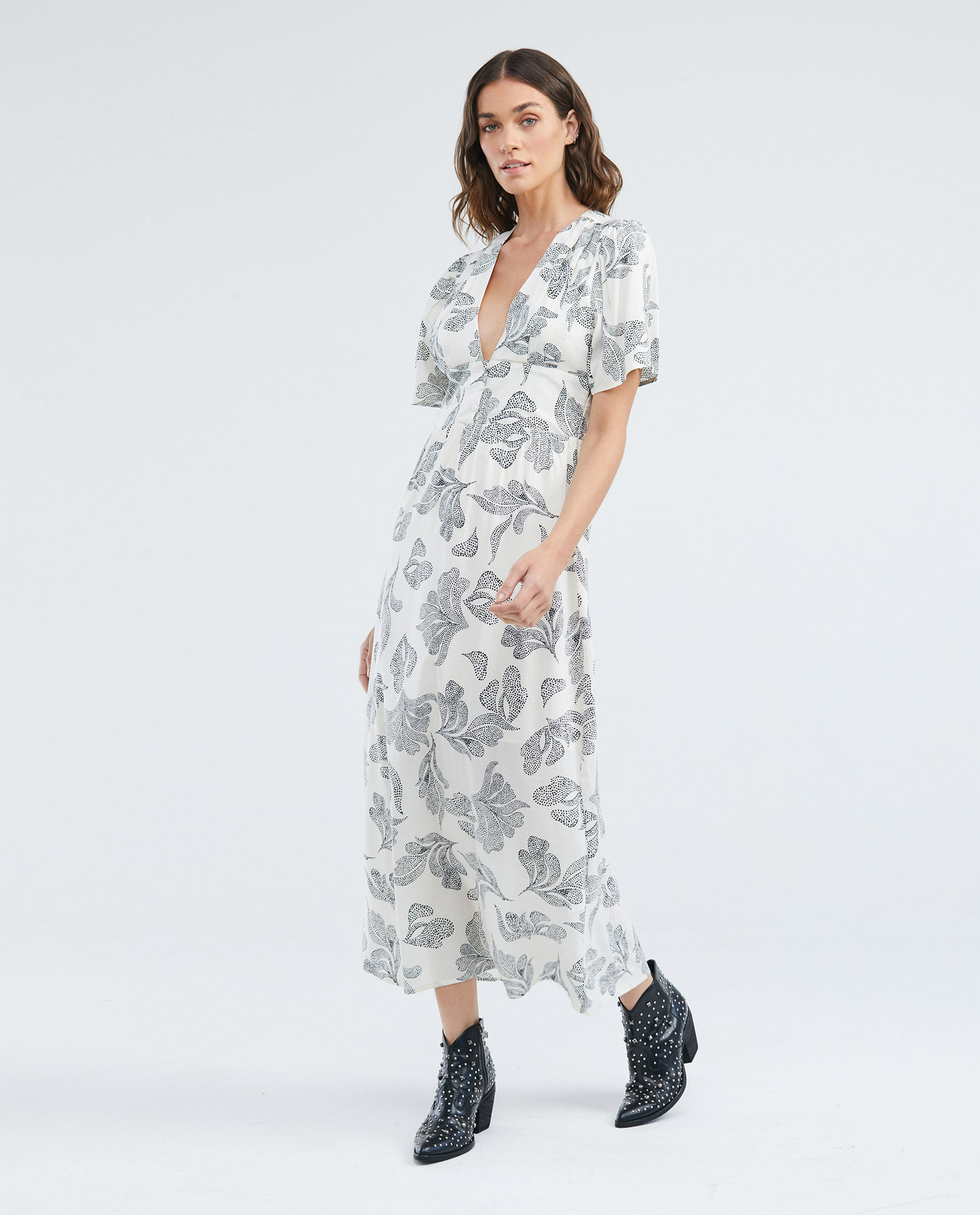 Vestido Largo, Escote Profundo en V Manga Corta - Maxi Print Flores