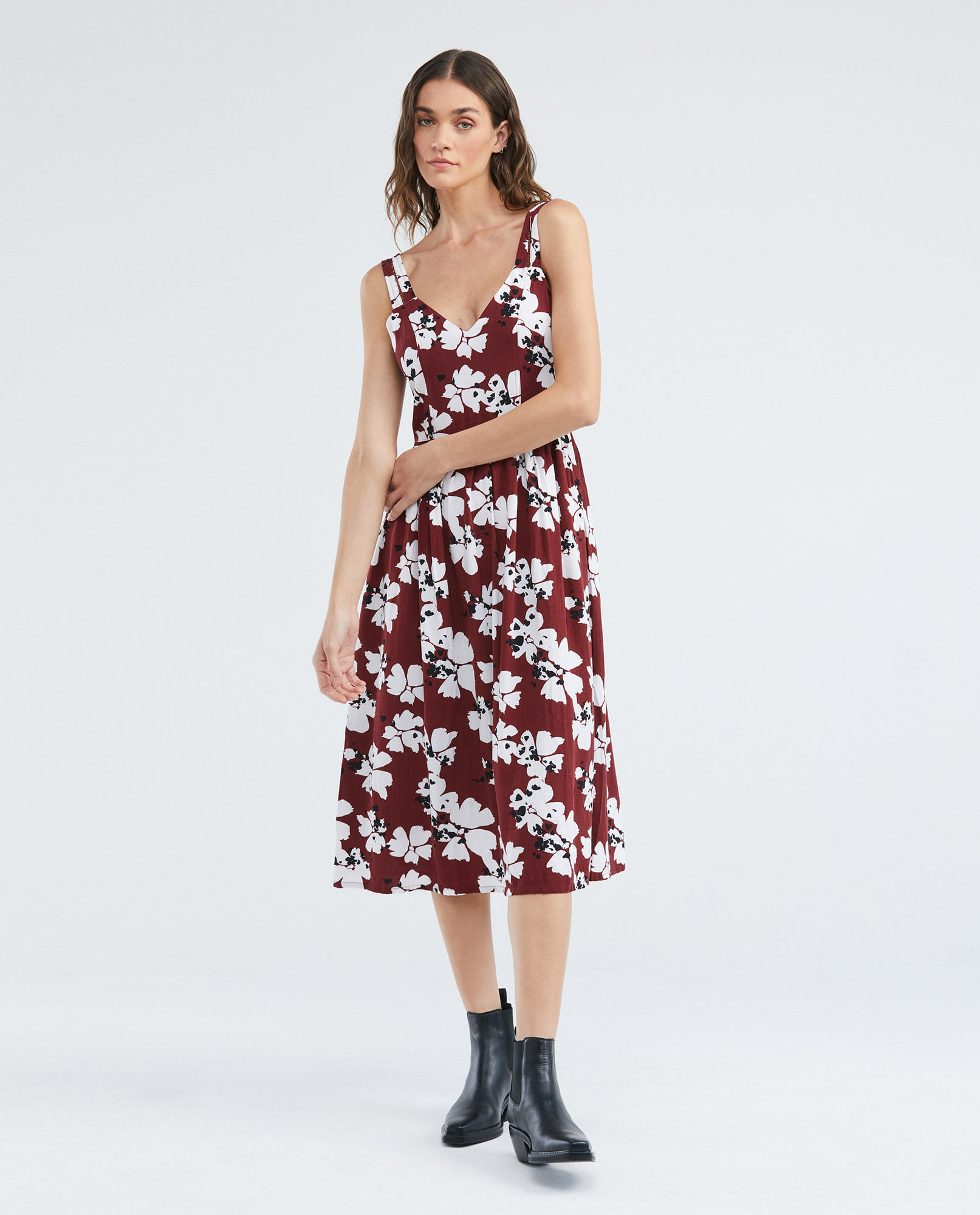 Vestido Midi Silueta Ajustada Tipo Corset, Escote Cuadrado Cargaderas Amplias - Maxi Print Flores