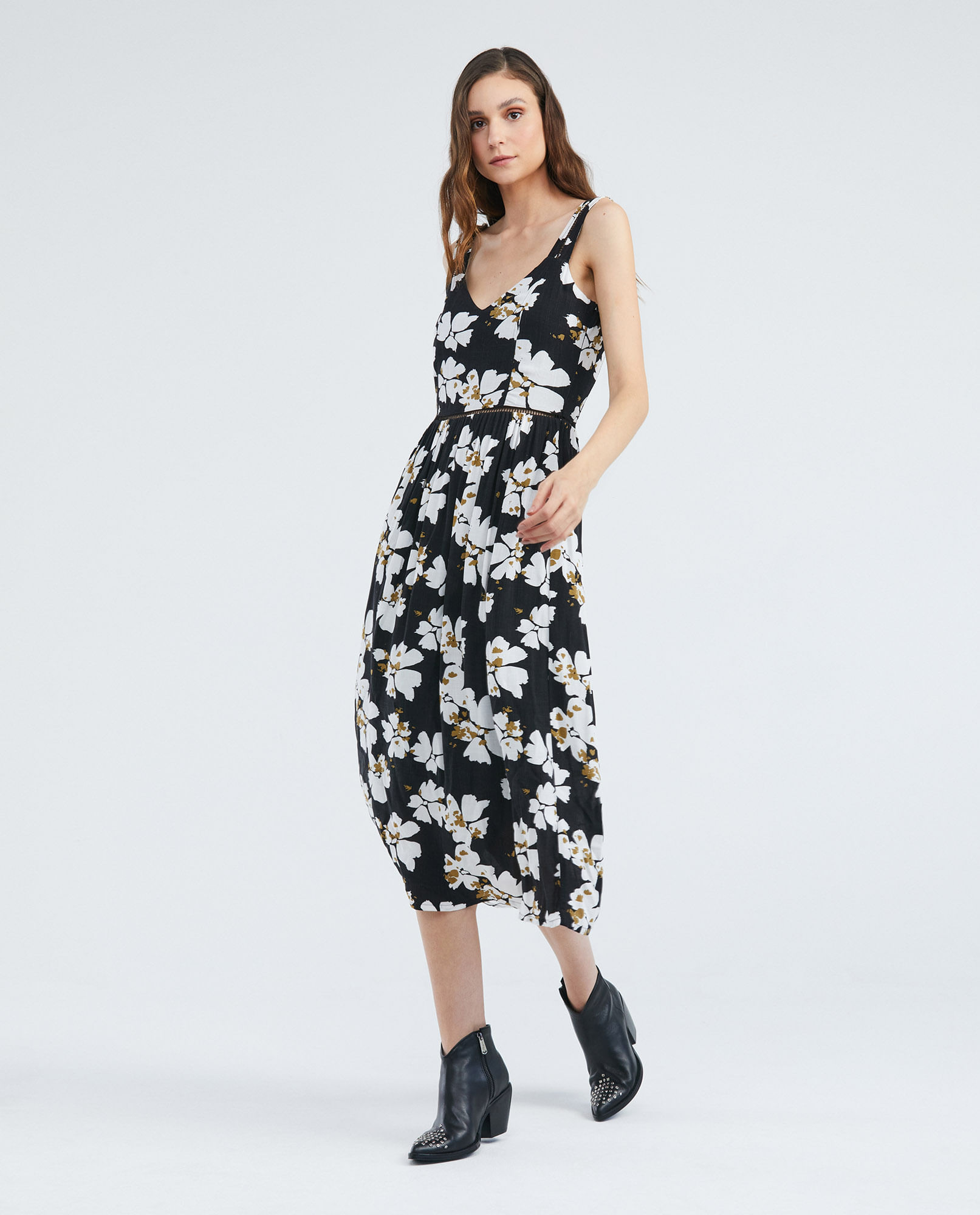 Vestido Midi Silueta Ajustada Tipo Corset, Escote Cuadrado Cargaderas Amplias - Maxi Print Flores