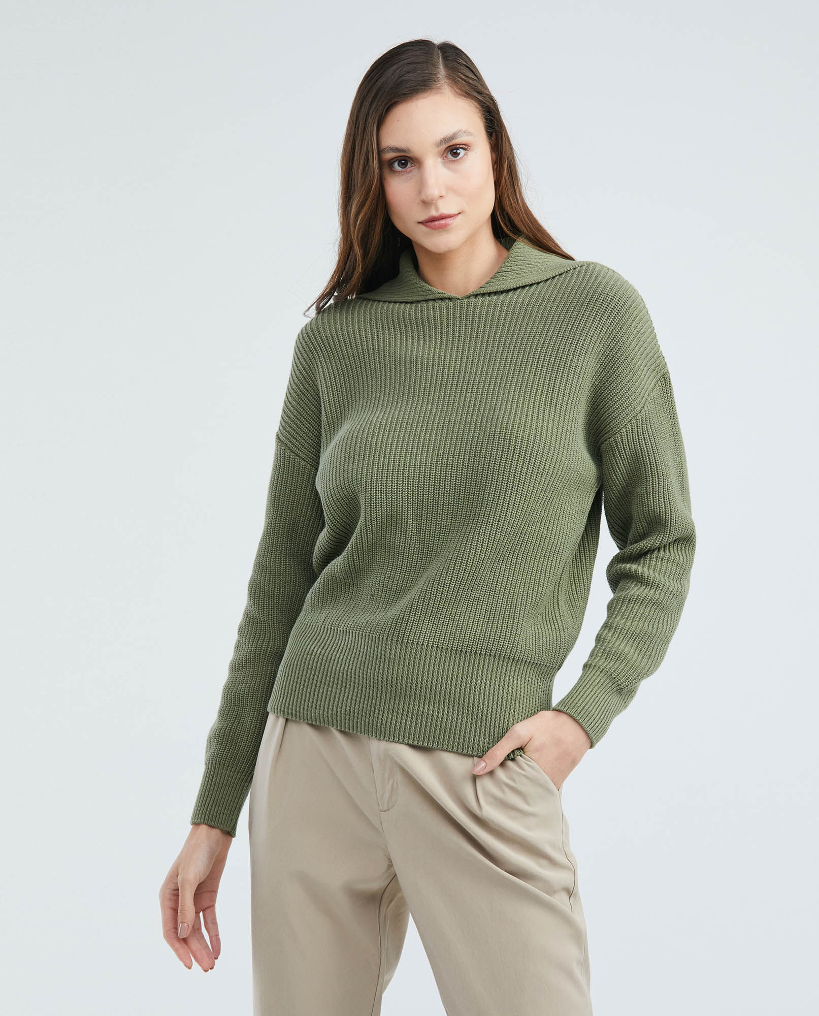 Suéter Tejido de Mujer, Silueta Relajada Cuello Camisero Sobredimensionado - Galga Gruesa