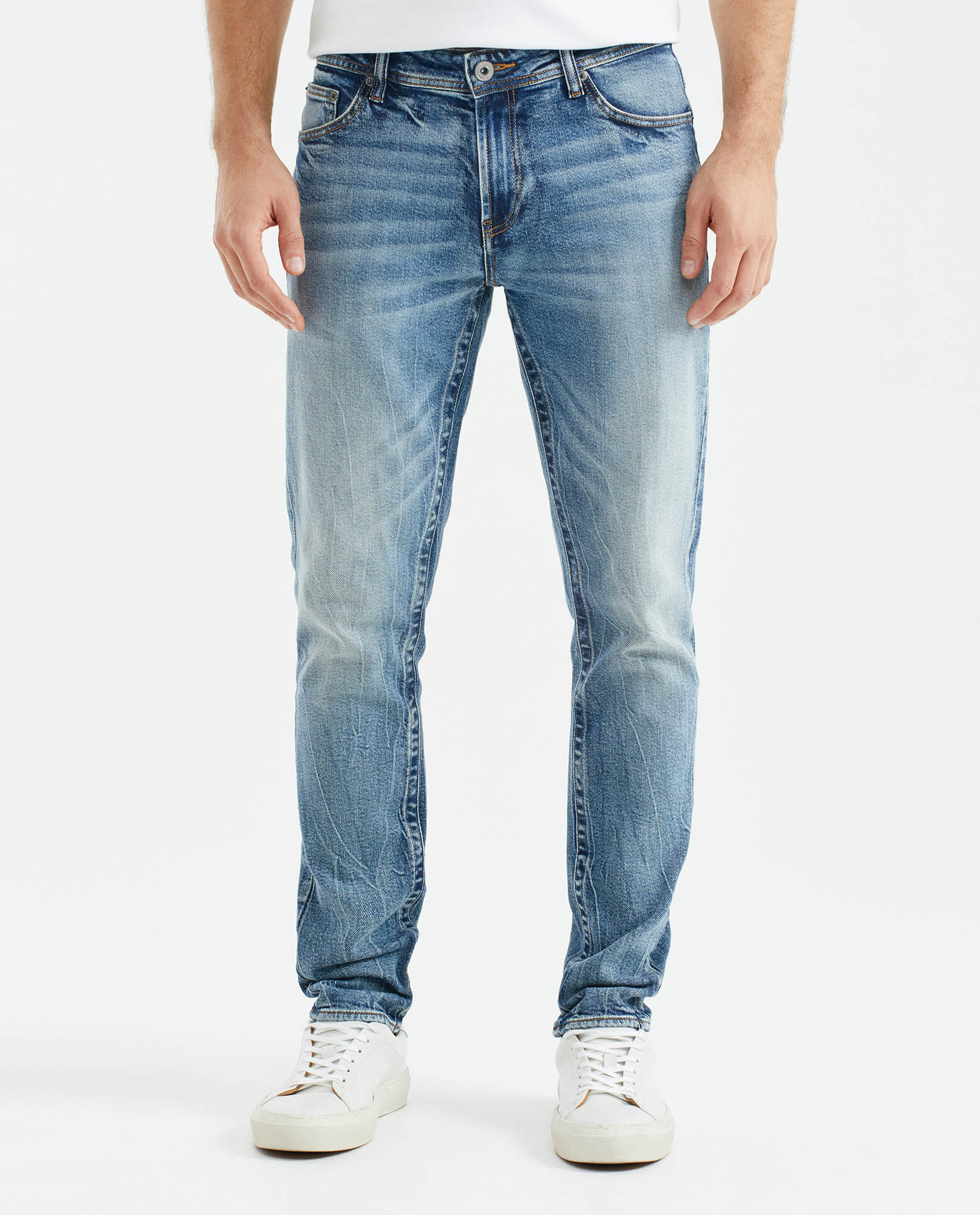 Jean de Hombre Slim Fit, Famous, Bota Slim - Azul Claro Vintage Efecto Craquelado