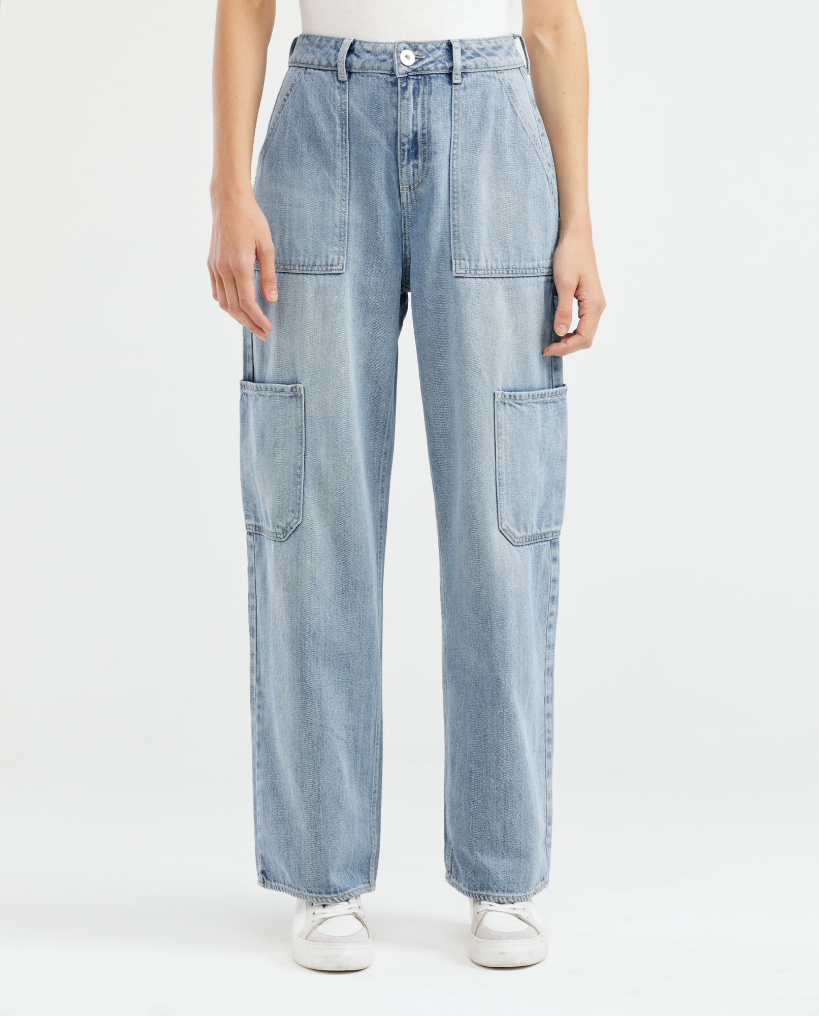 Jean de Mujer Wide Leg, Bota Relaxed - Azul Claro Bolsillos Carpinteros