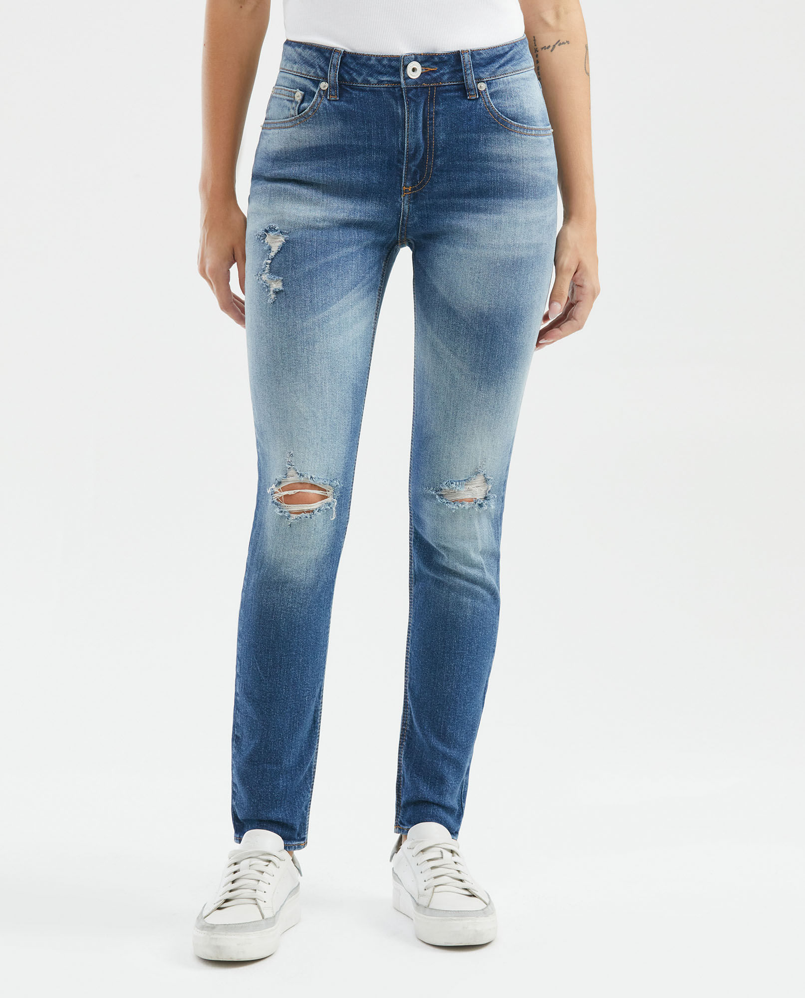 Jean de Mujer High Rise, Cosmo, Bota Skinny - Azul Medio Vintage + Rotos