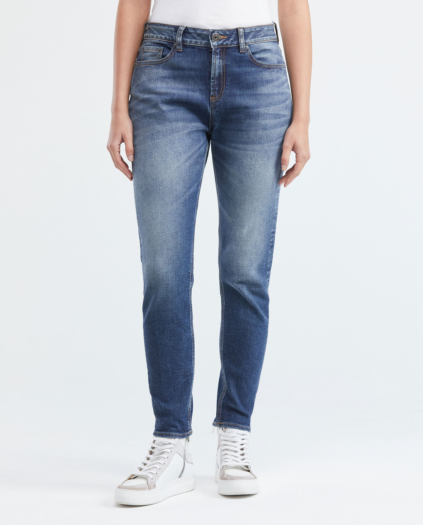 Jean de Mujer Medium Rise, Boyfit, Bota Skinny - Azul Medio Vintage