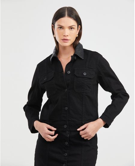 Chaqueta de Mujer en Denim, Tipo Trucker Straight Fit - Gris Oscuro Piezas en Cuero