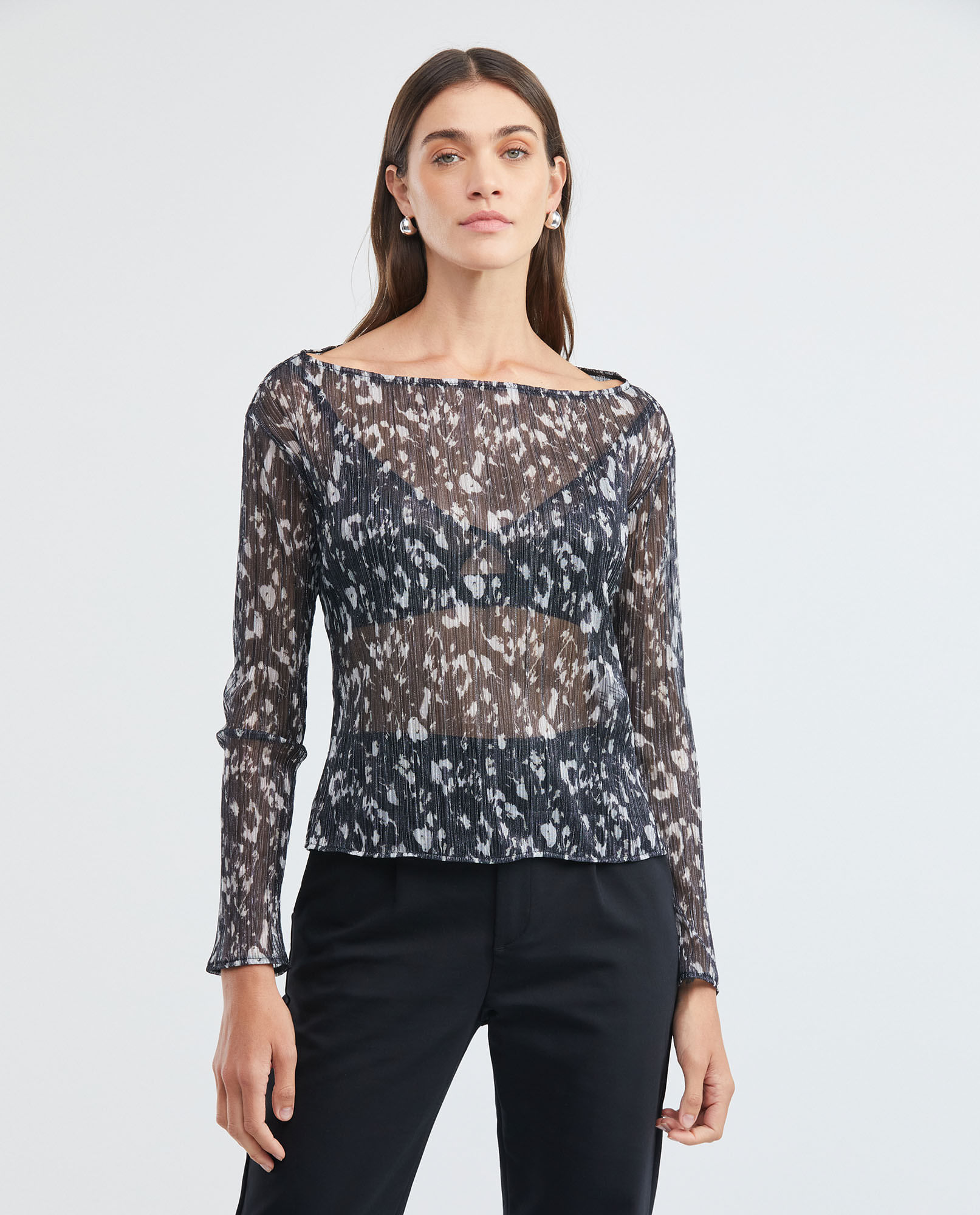 Camiseta de Mujer, Manga Larga Cuello Almendrado - Malla Semi Transparente Animal Print