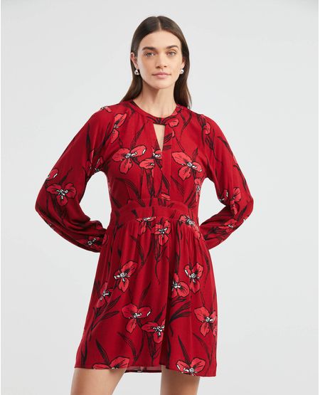 Vestido Corto, Escote en V Abertura Frontal Manga Larga - Maxi Print Flores