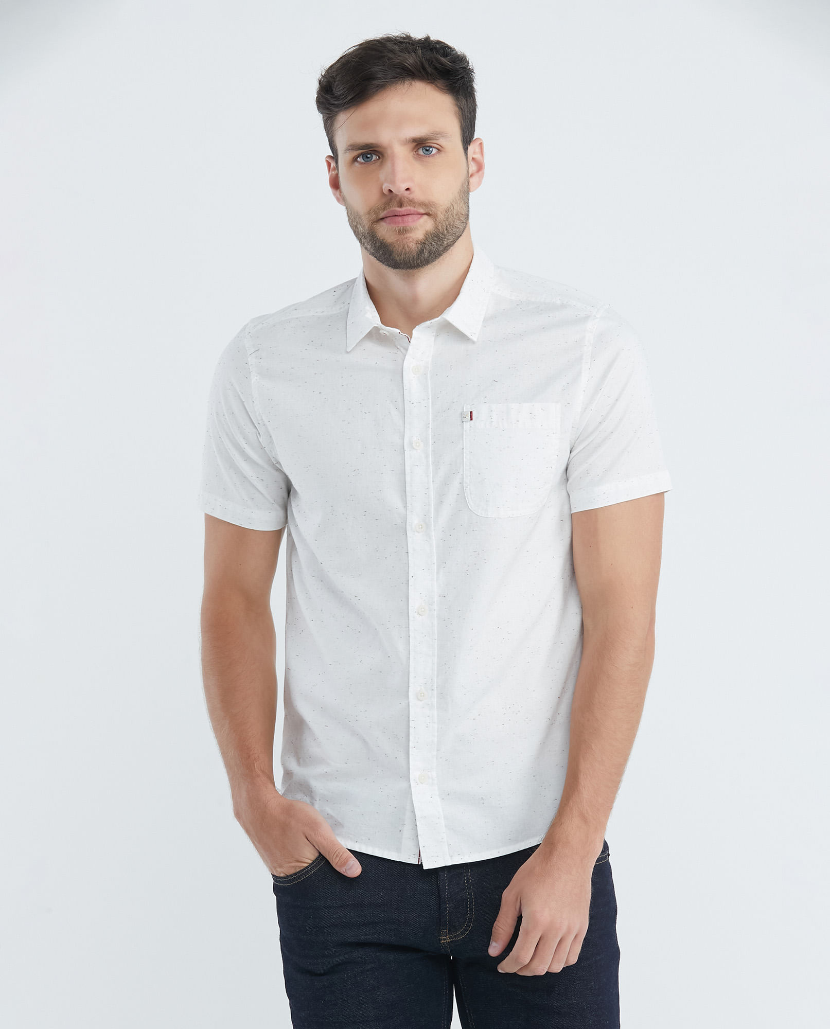 Camisa de Hombre, Slim Fit Manga Corta - 100% Algodón Efecto Neps