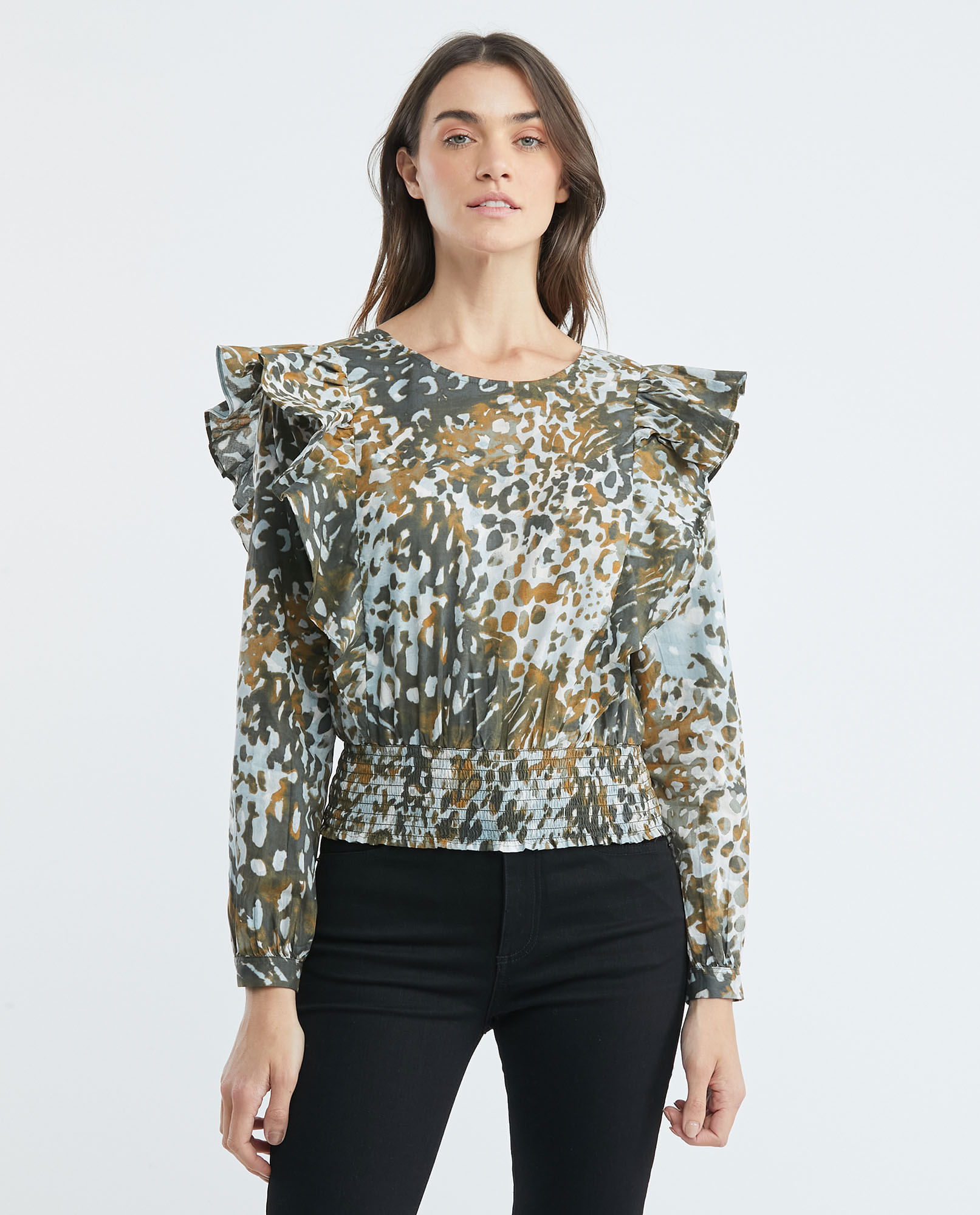 Camisa de Mujer, Silueta Recta Manga Larga Cuello Redondo - Animal Print