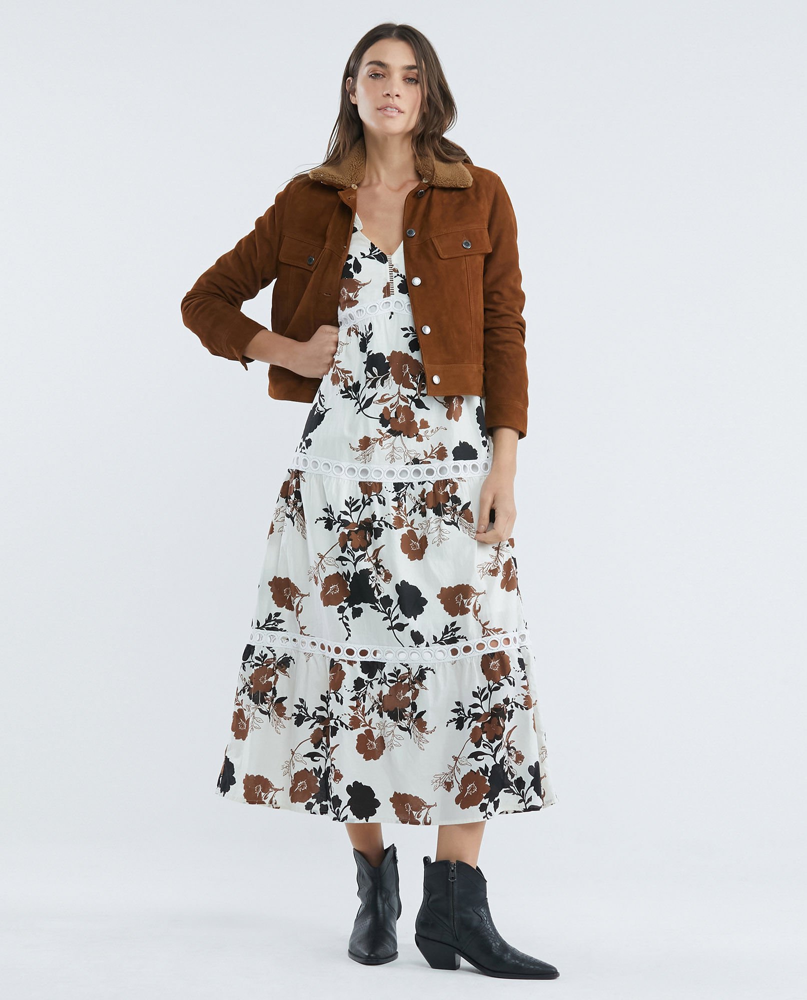 Vestido Largo Bohemio, Escote En V Manga Larga - Animal Print Floral + Encaje