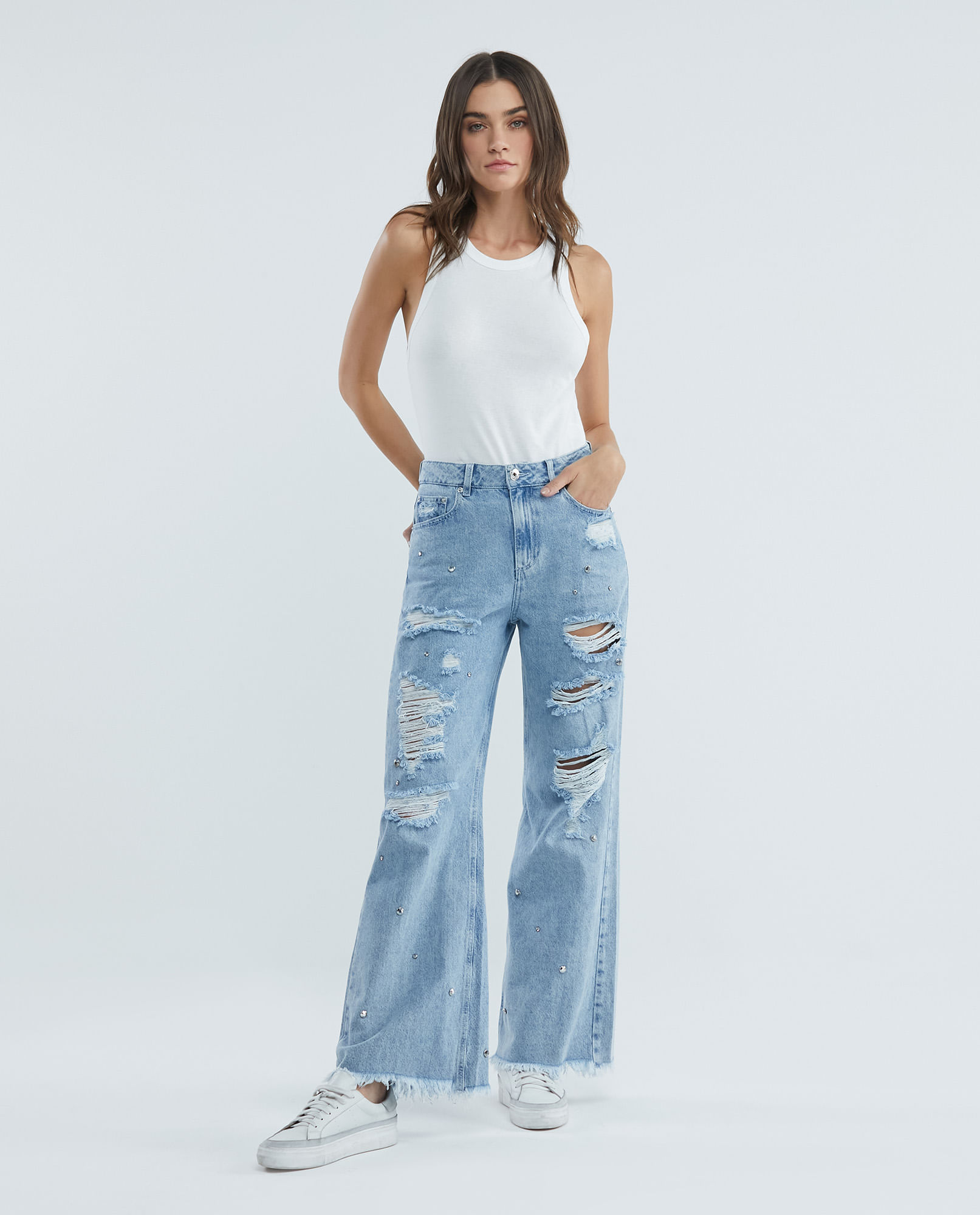 Jean de Mujer Wide Leg, Bota Relaxed - Azul Claro + Piedras y Rotos