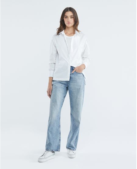 Jean de Mujer Wide Leg, Bota Relaxed - Azul Claro + Taches