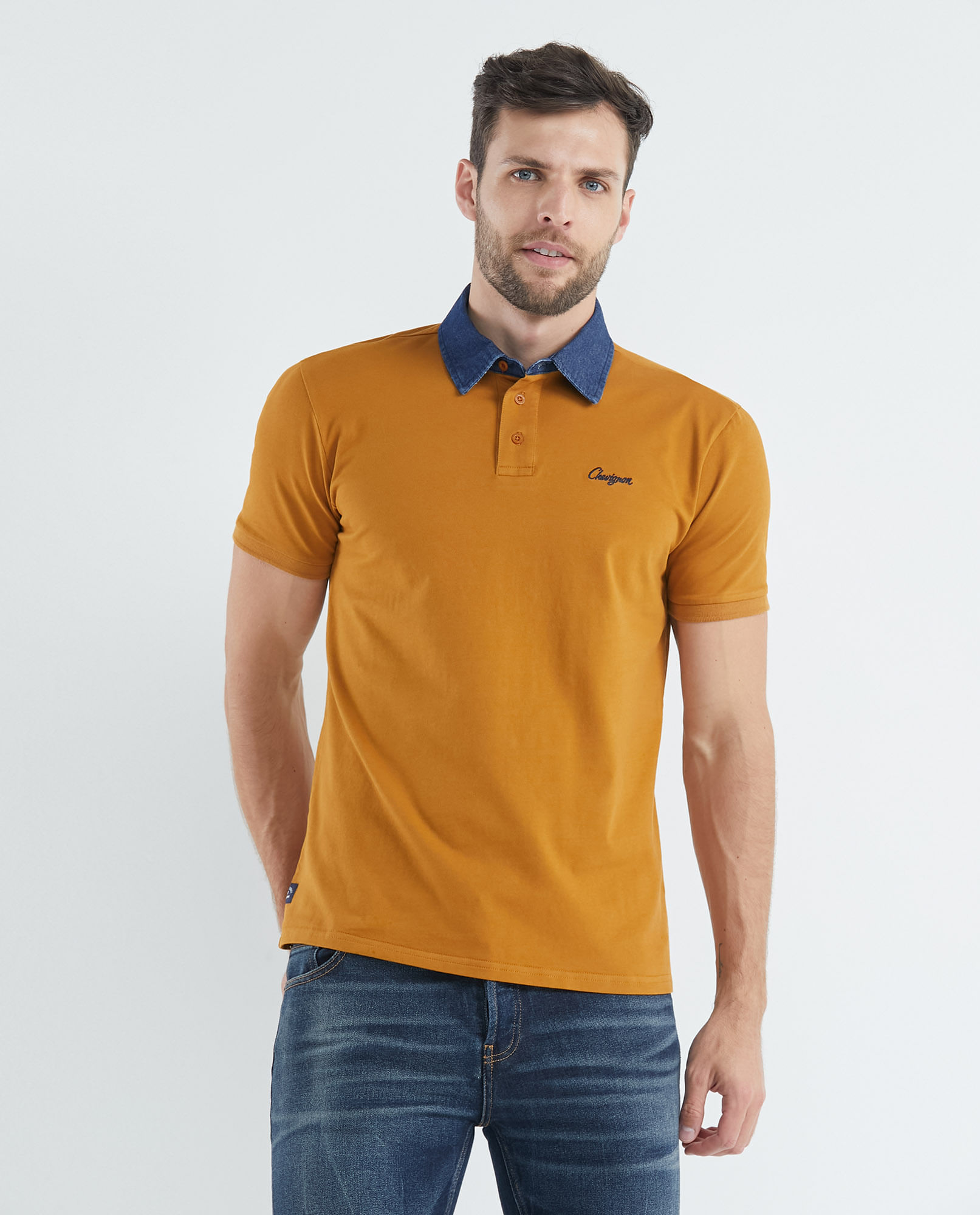 Camiseta de Hombre Tipo Polo, Classic Fit Manga Corta - Cuello en Denim
