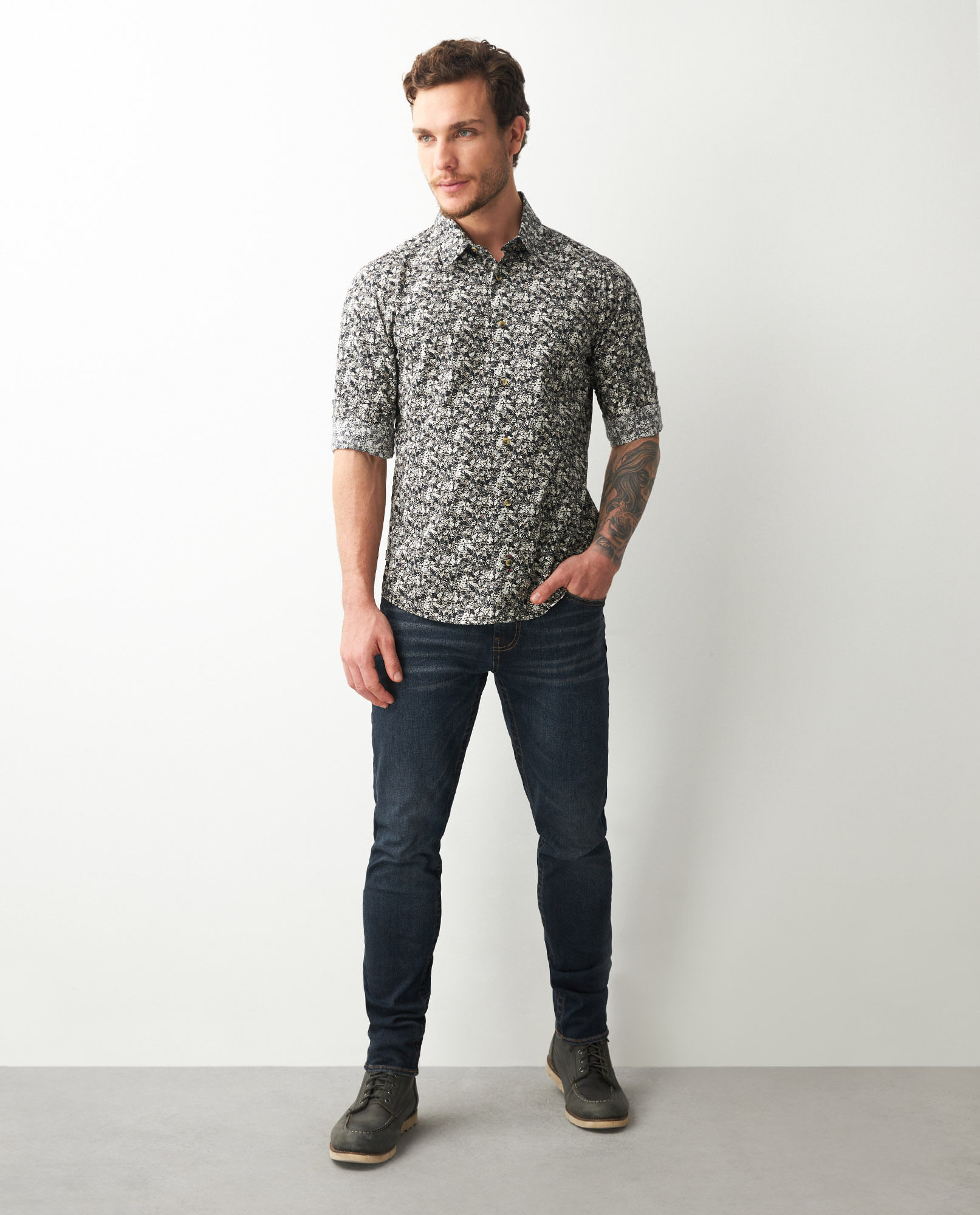 Camisa de Hombre, Slim Fit Manga Larga - Mini Print Flores