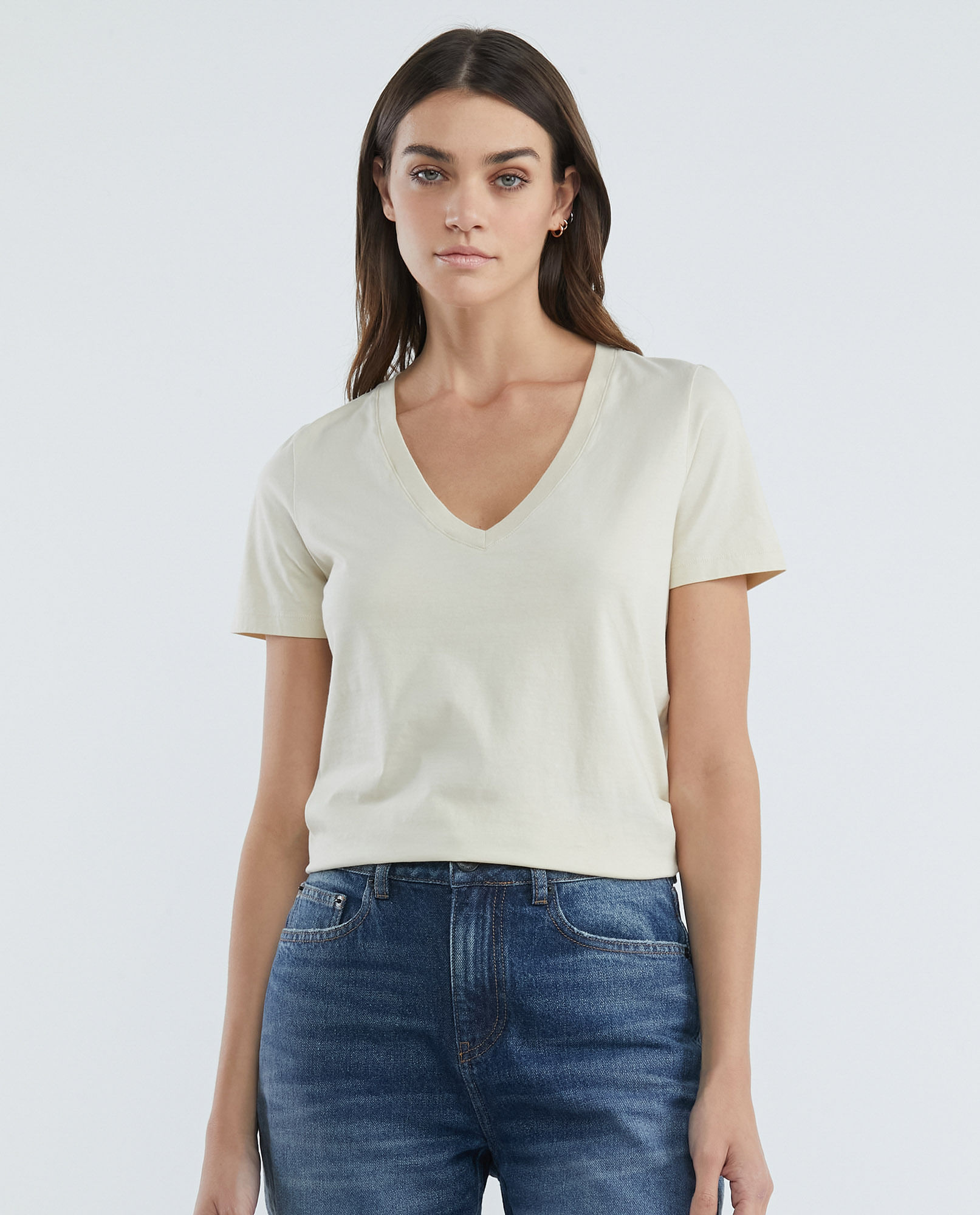 Camiseta Básica de Mujer, Manga Corta Cuello en V - 100% Algodón