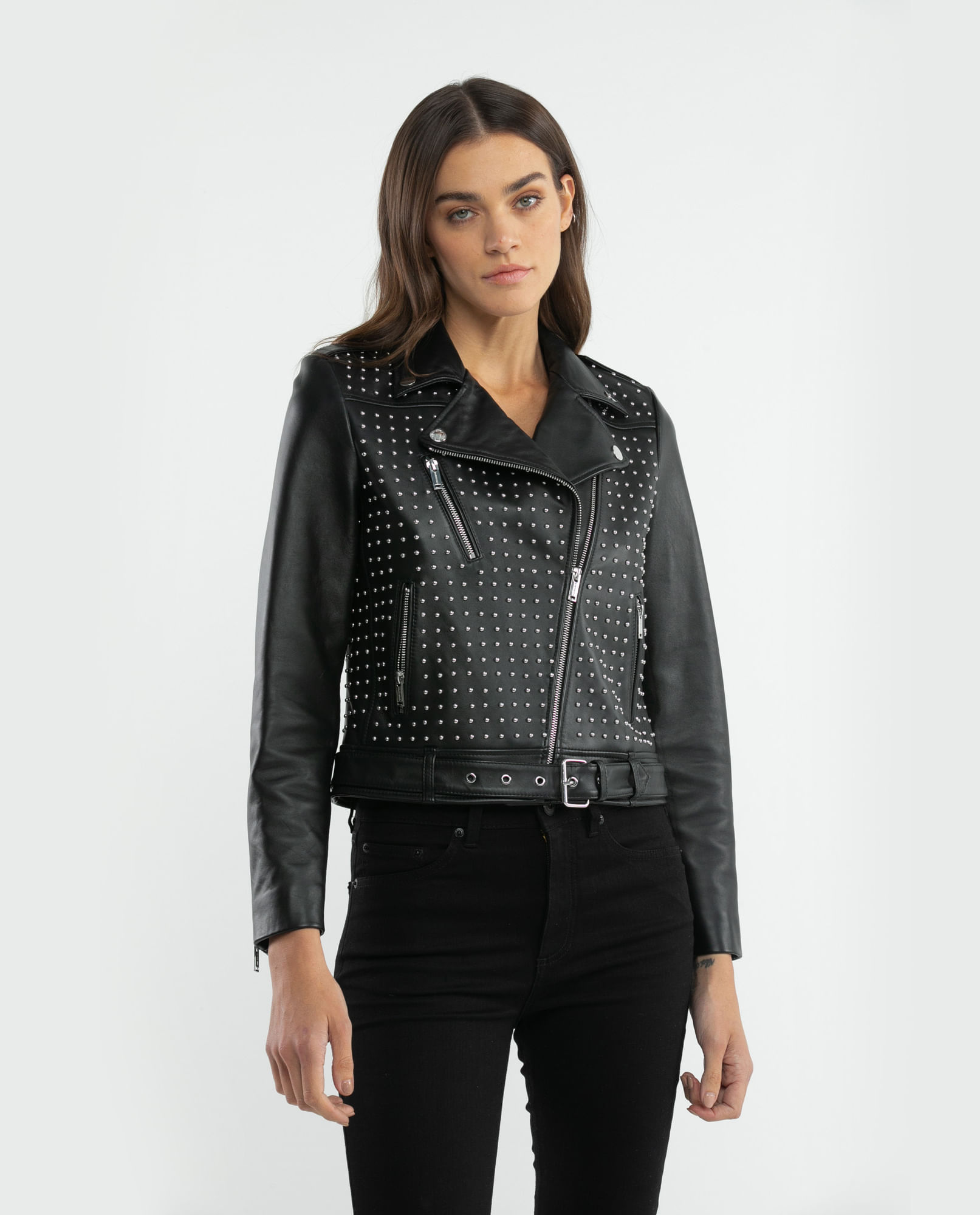 Chaqueta de Mujer en cuero, Silueta Biker - Taches en Cuerpo