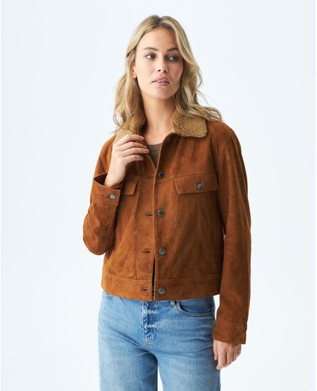 Chaqueta de Mujer en cuero, Tipo Trucker - Cuello Ovejero Removible