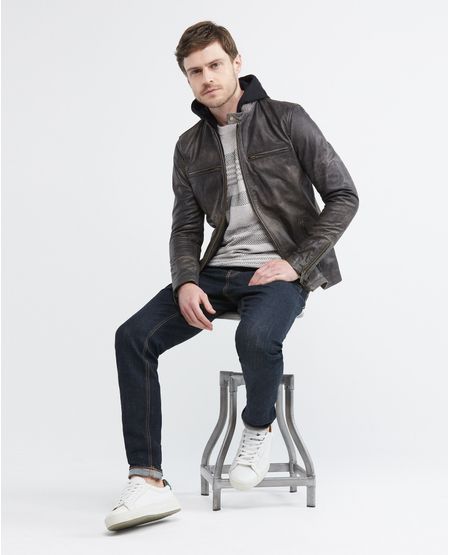 Chaqueta de Hombre en Cuero, Tipo Biker - Capucha Removible