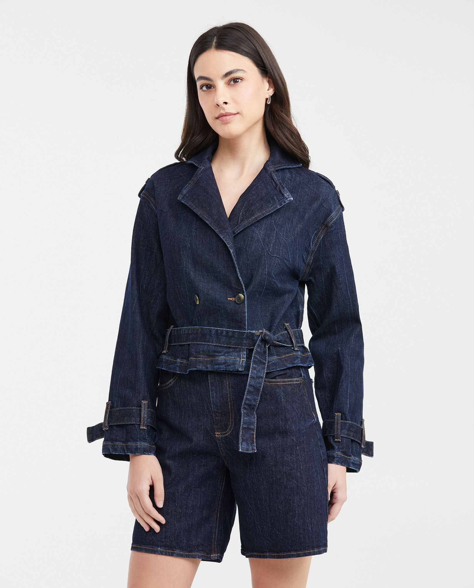 Chaqueta en Denim Azul Oscuro con Diseño Cruzado para Mujer