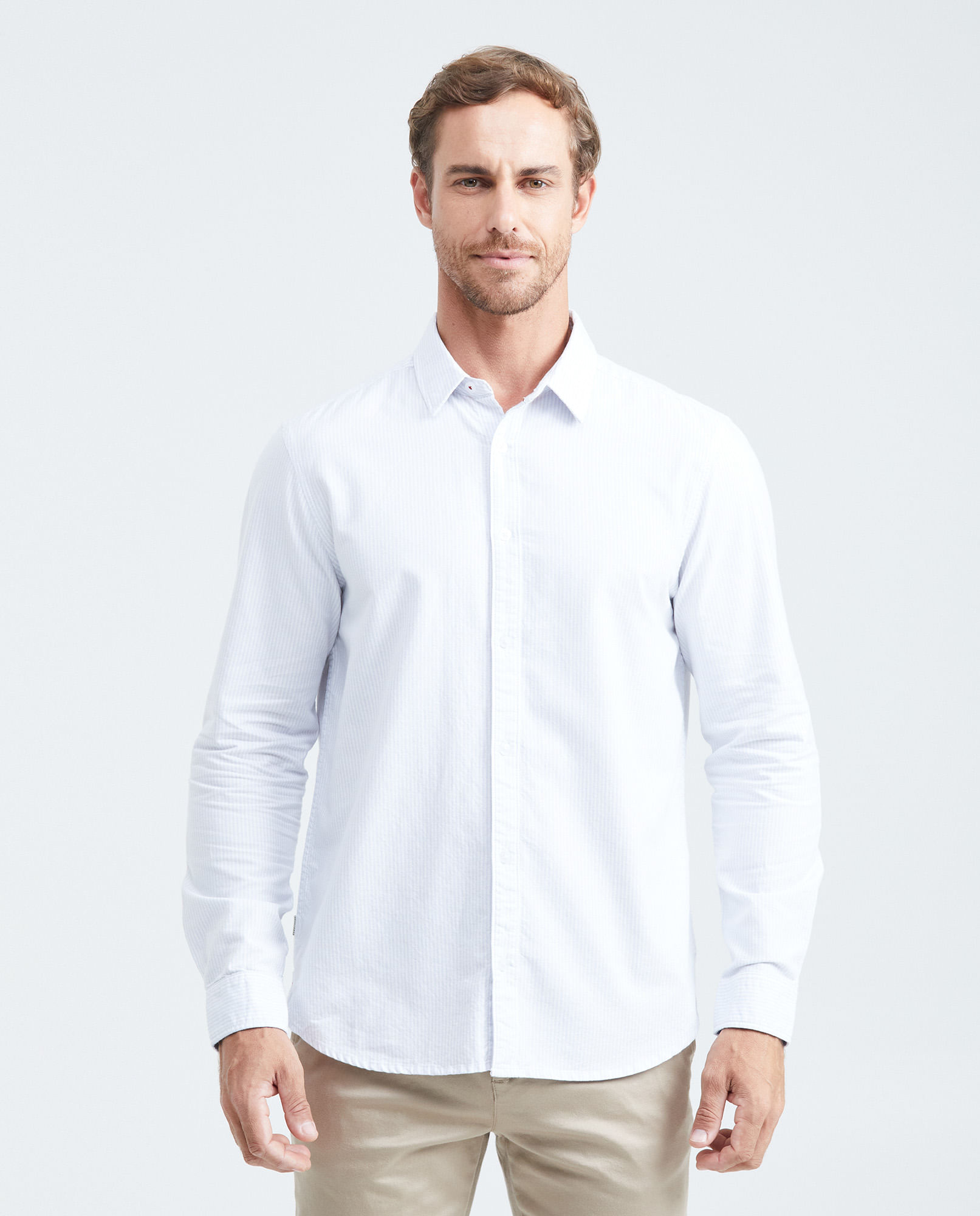 Camisa Classic Fit Manga Larga en Oxford Algodón con Estampado de Rayas para Hombre