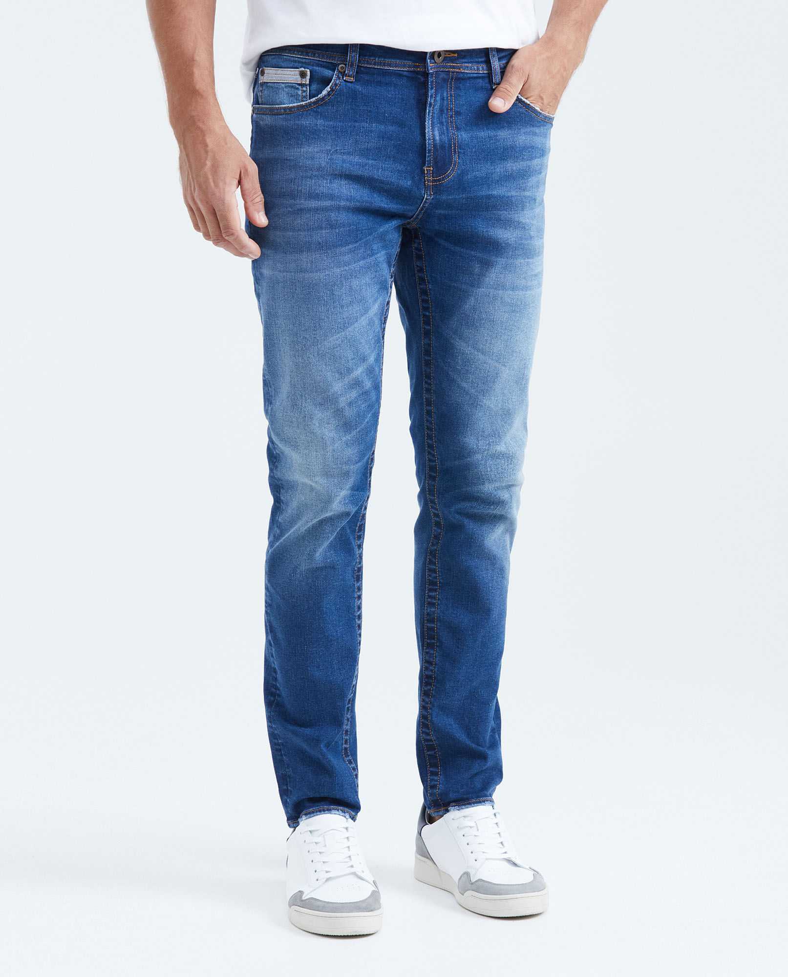 Jean Slim Fit Tiro Medio Bota Slim Azul Oscuro Lavado Vintage para Hombre