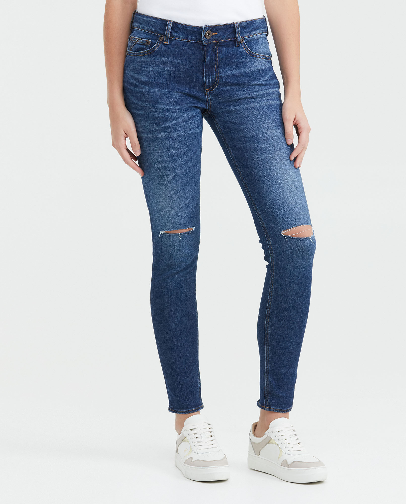 Jean Low Rise Bota Slim Azul Oscuro con Rotos para Mujer