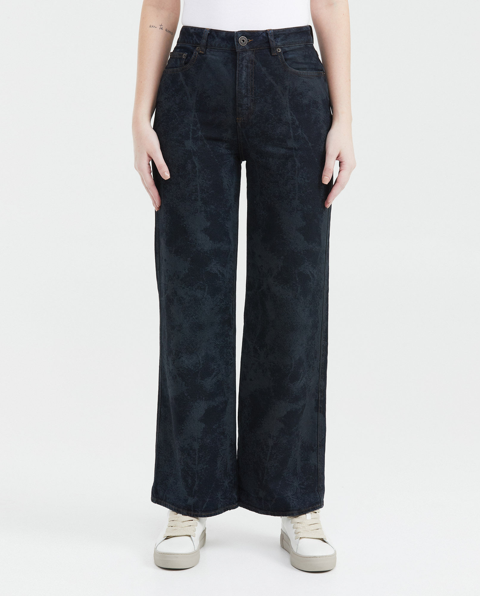 Jean Wide Leg High Rise Bota Relaxed Azul Oscuro Textura en Láser para Mujer