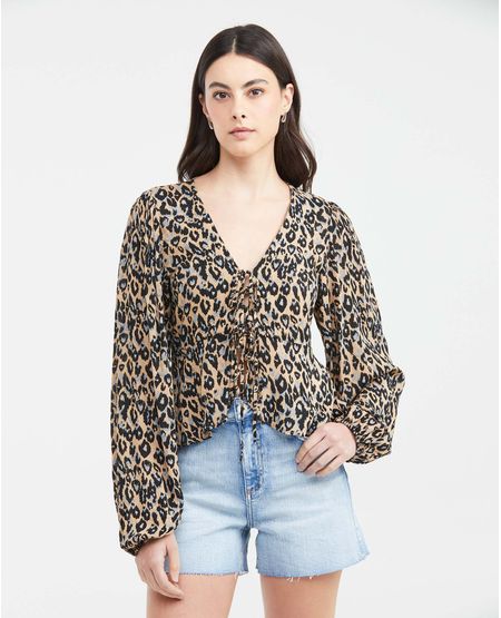 Camisa Estampada con Escote Profundo y Mangas con Volumen para Mujer