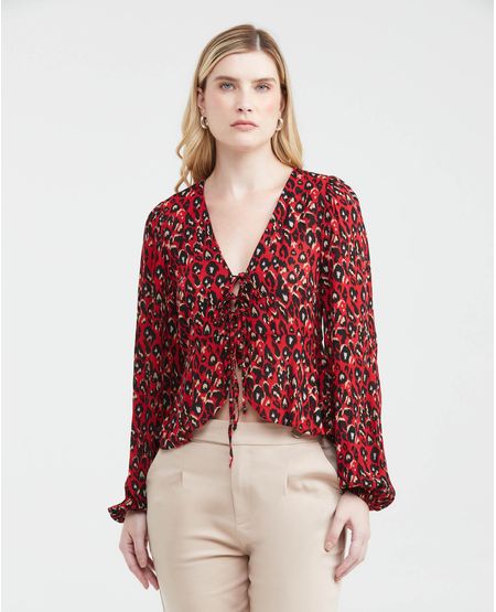 Camisa Estampada con Escote Profundo y Mangas con Volumen para Mujer