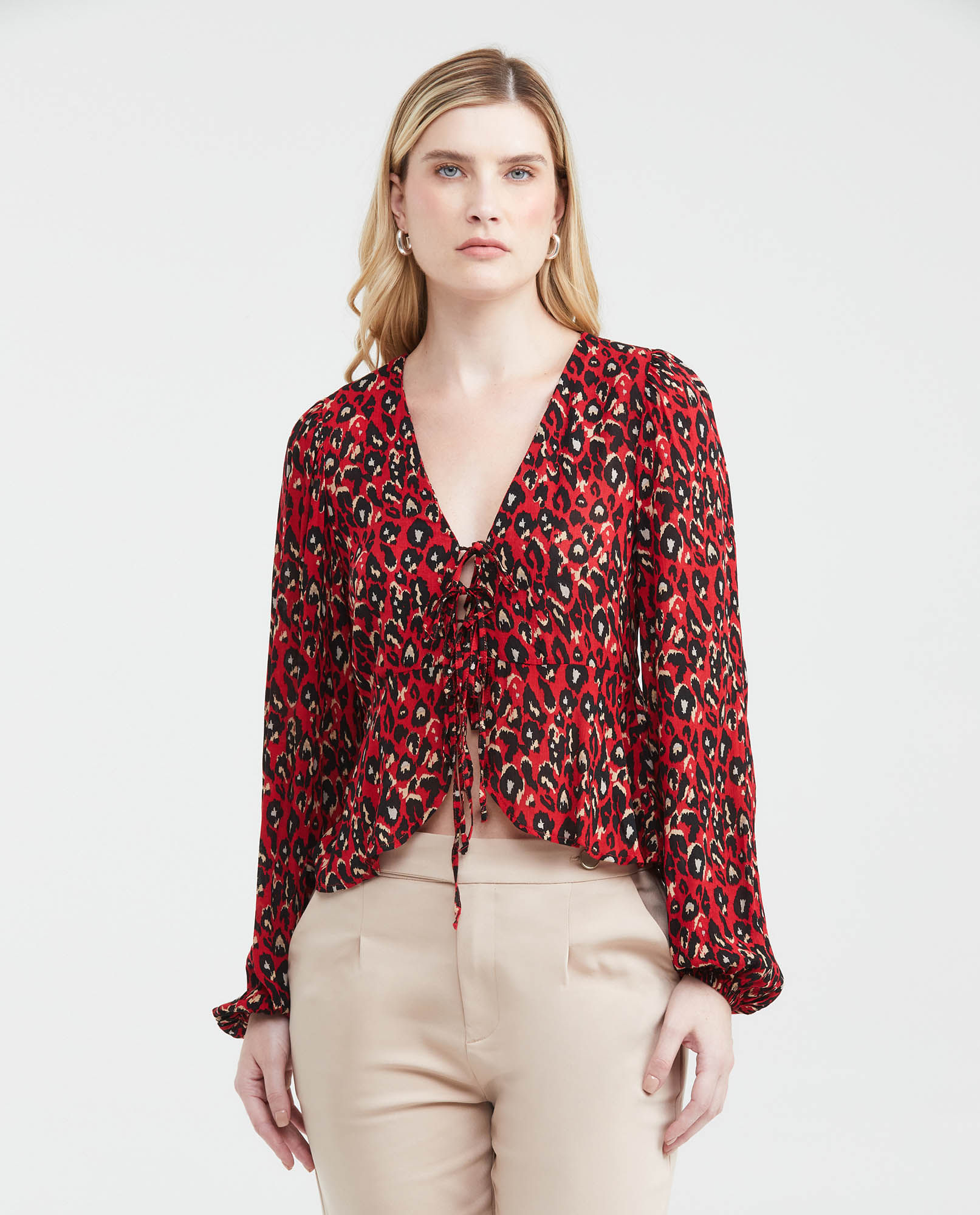 Camisa Estampada con Escote Profundo y Mangas con Volumen para Mujer