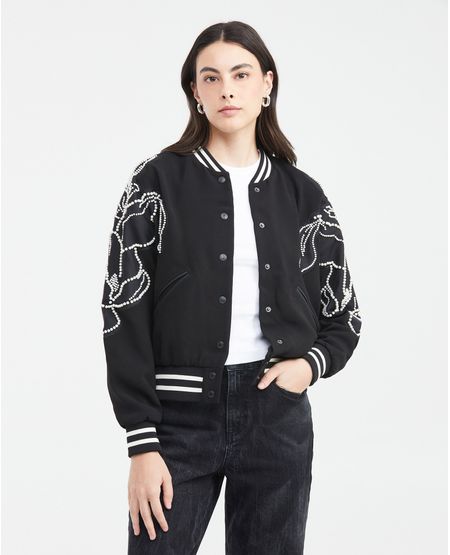 Chaqueta Tipo Bomber con Bordados en Perlas para Mujer