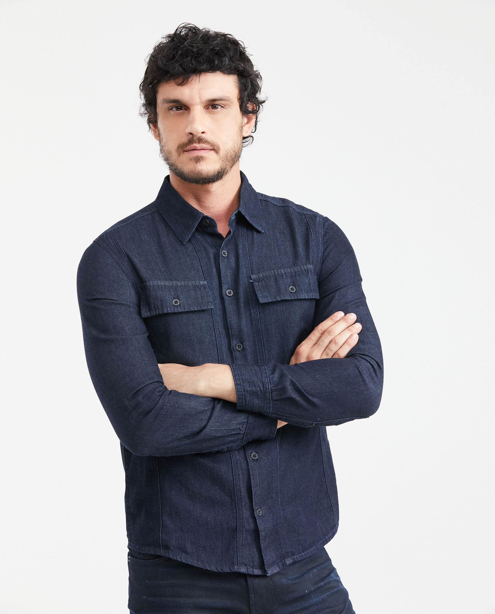 Camisa en Denim 100% Algodón Slim Fit Manga Larga Azul Ultra Oscuro para Hombre