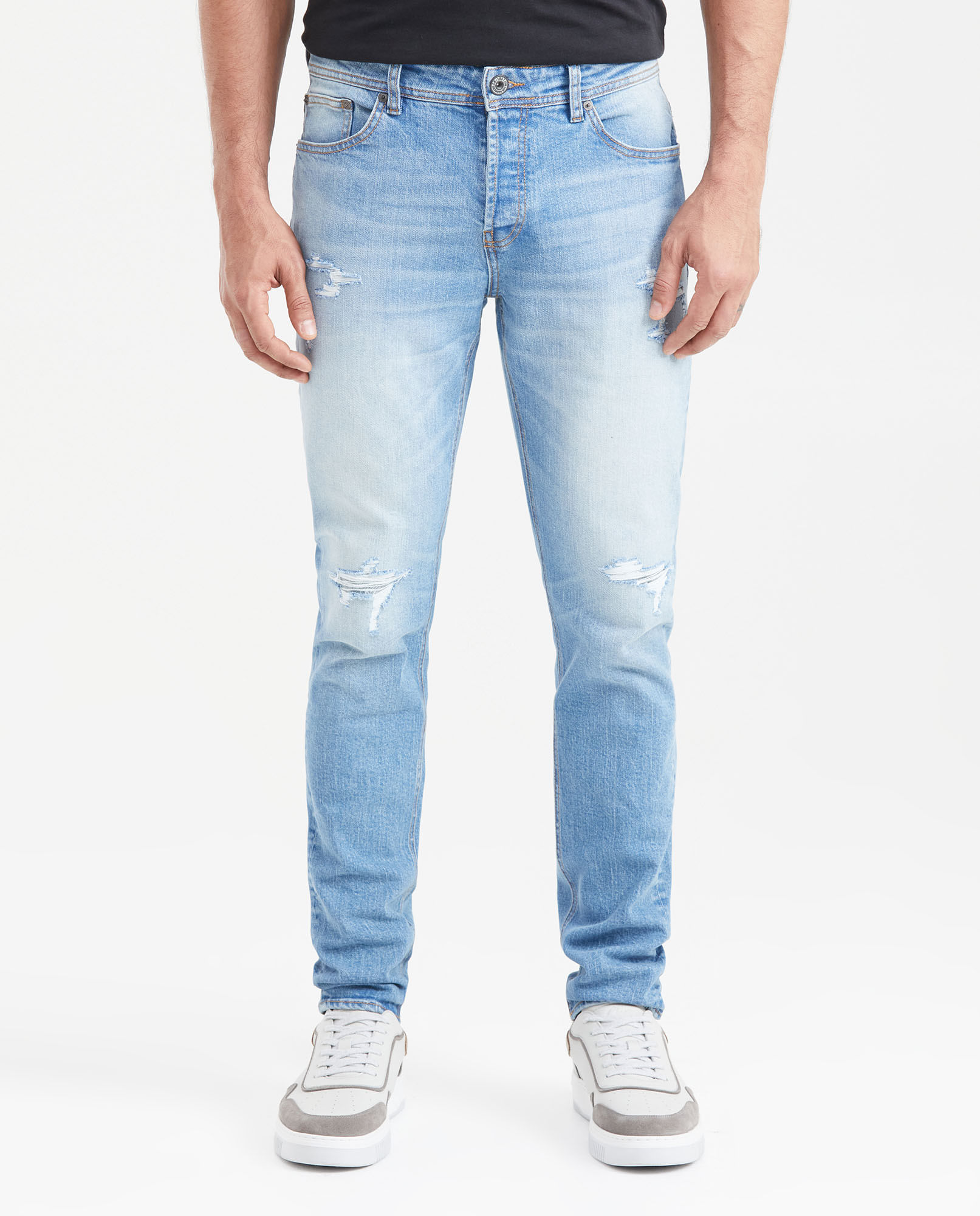 Jean Súper Slim Fit Tiro Bajo Bota Super Slim Azul Medio Claro con Rotos para Hombre