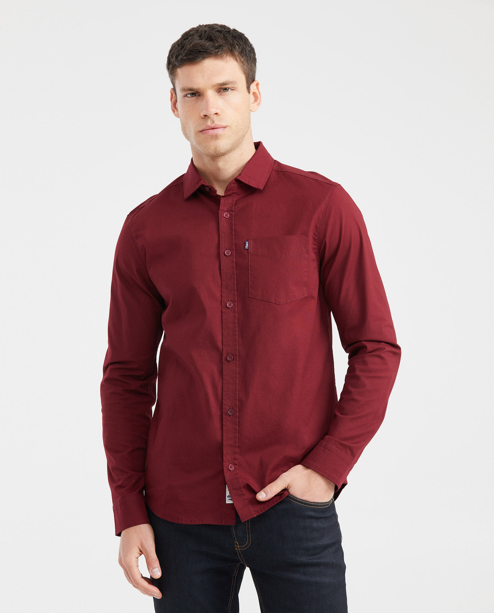 Camisa Slim Fit Manga Larga con Bolsillo para Hombre