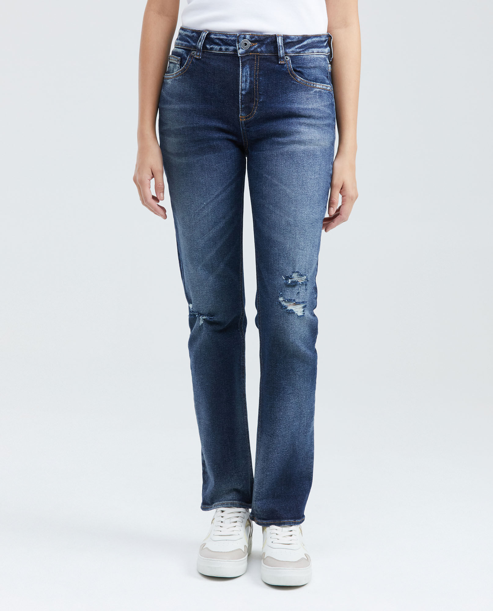 Jean High Rise Bota Skinny Azul Oscuro con Rotos para Mujer