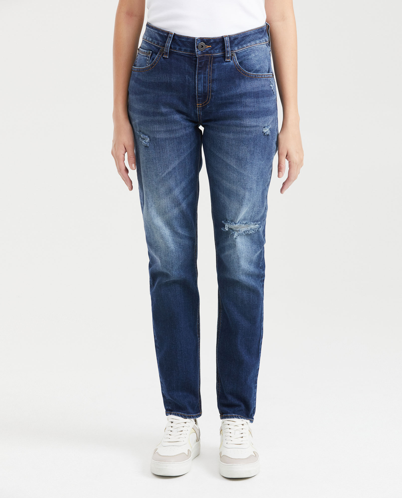 Jean High Rise Bota Skinny Azul Medio con Rotos para Mujer
