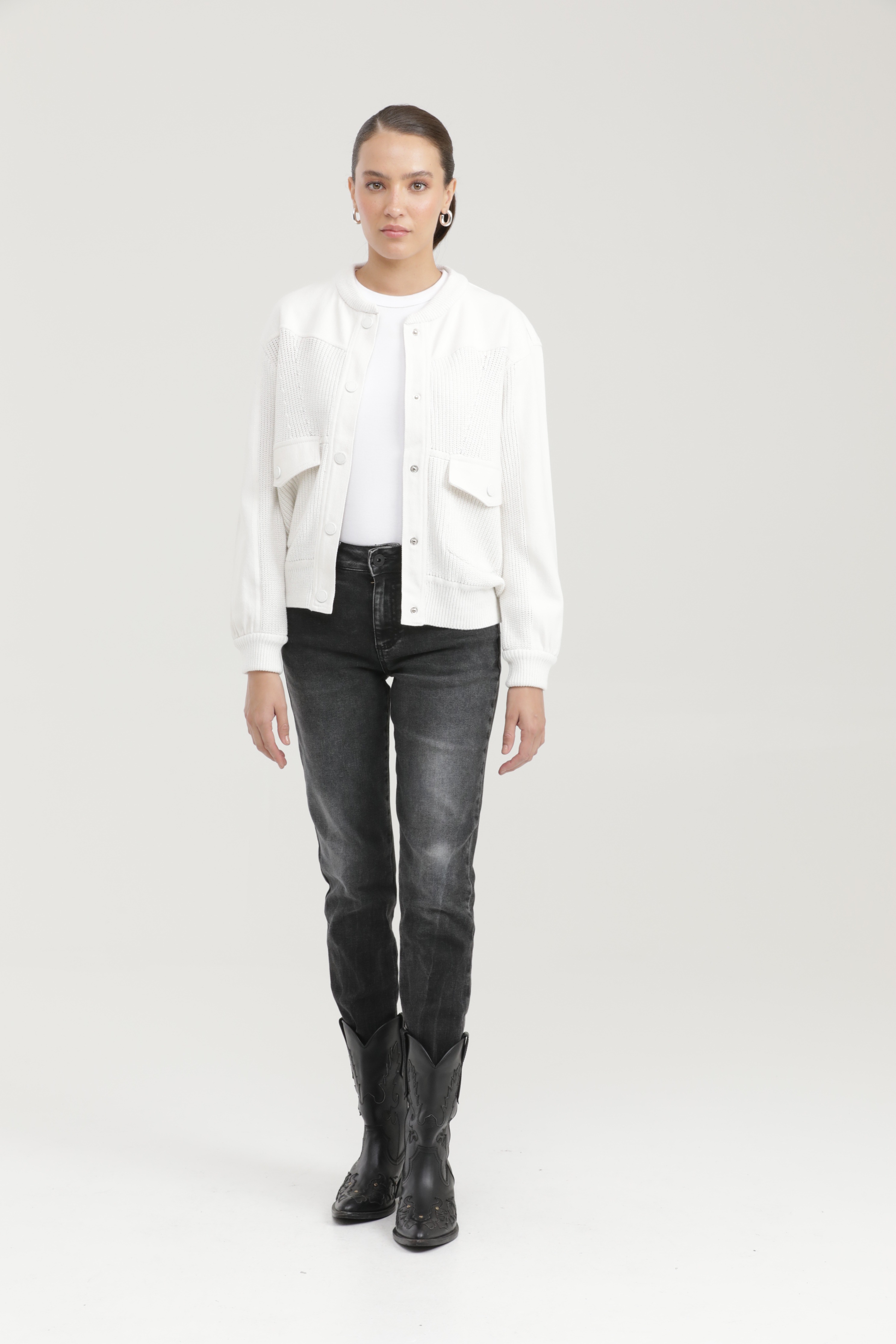 Chaqueta Tipo Bomber con Mezcla de Telas para Mujer