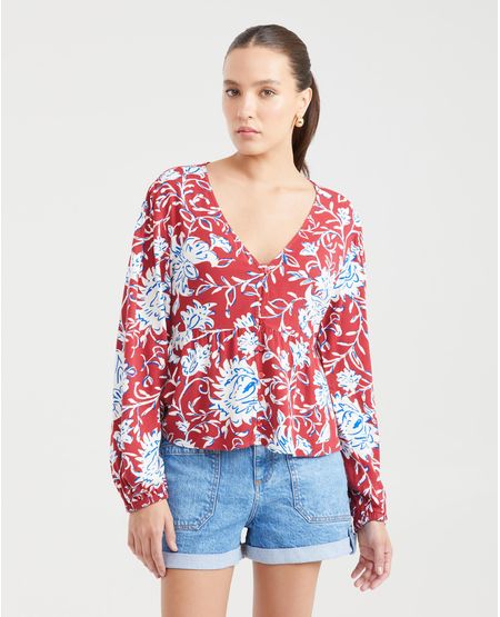 Camisa Estampada con Escote en V y Mangas con Volumen para Mujer