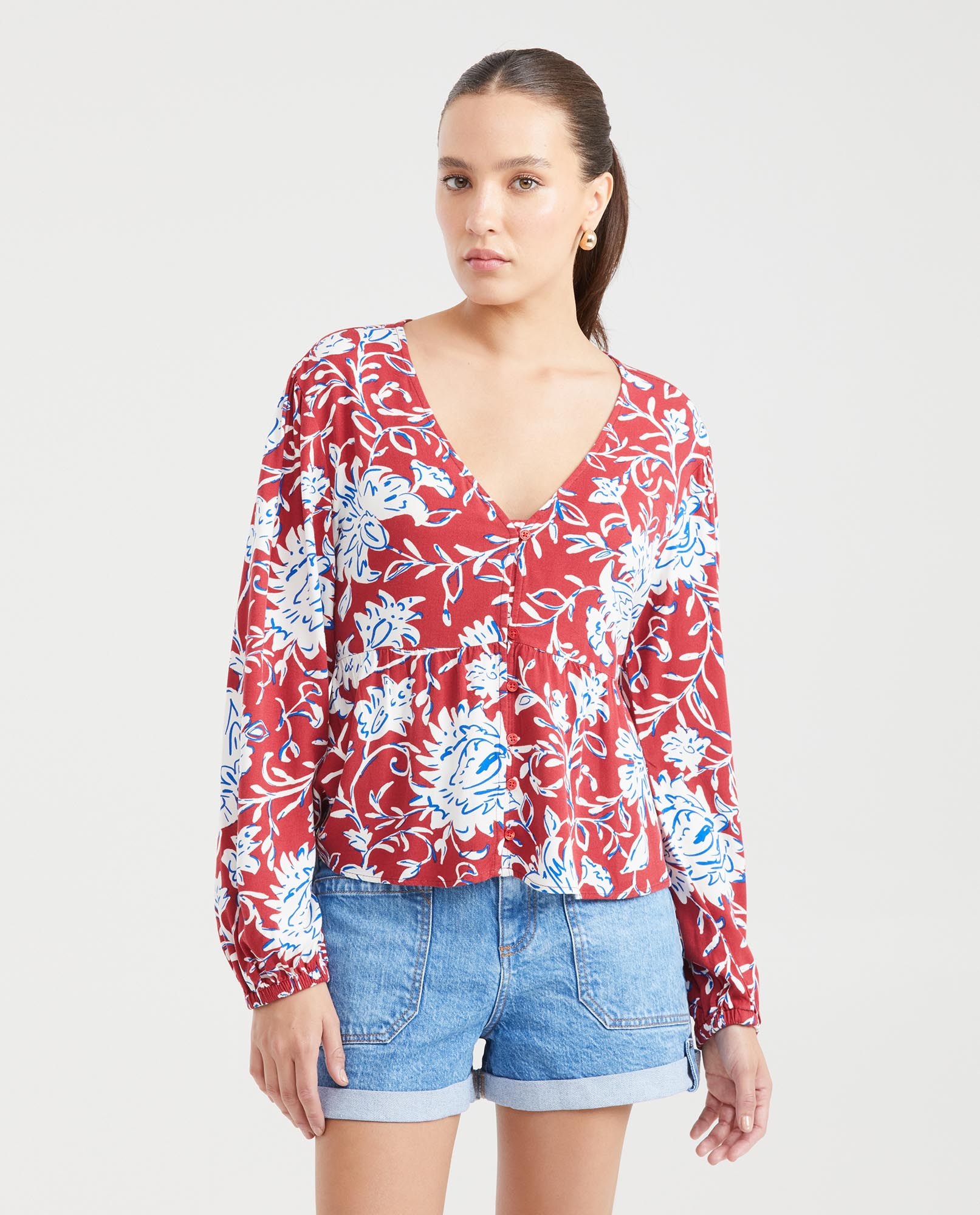 Camisa Estampada con Escote en V y Mangas con Volumen para Mujer