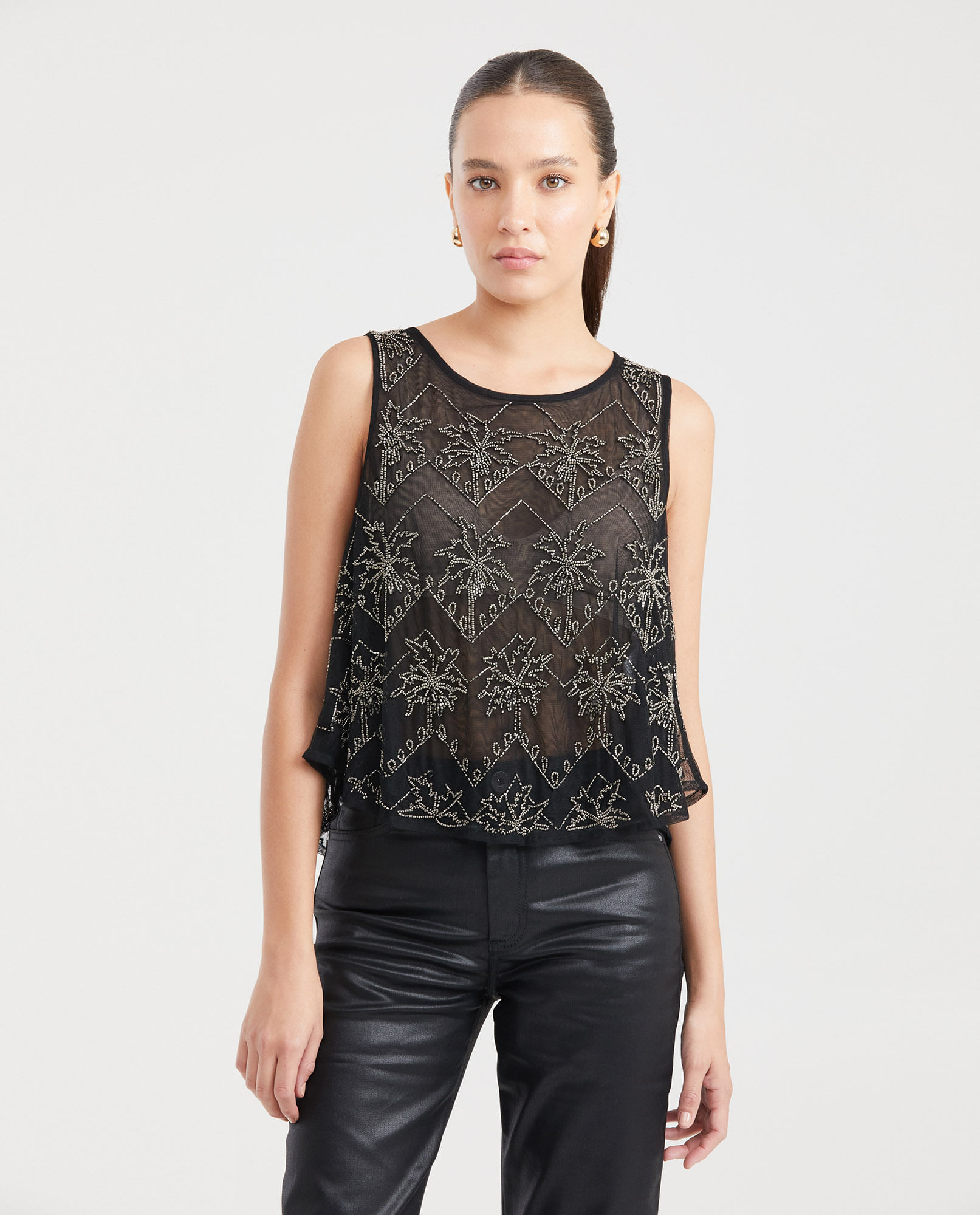 Camisa en Malla Semitransparente con Bordados en Piedras para Mujer