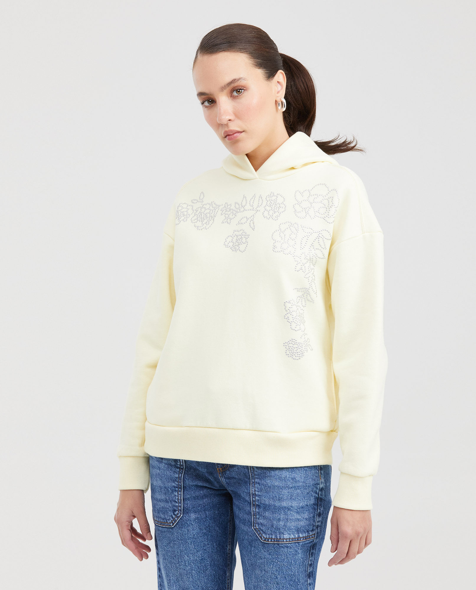 Buzo Cerrado con Capucha y Gráfico Floral  en Piedras para Mujer