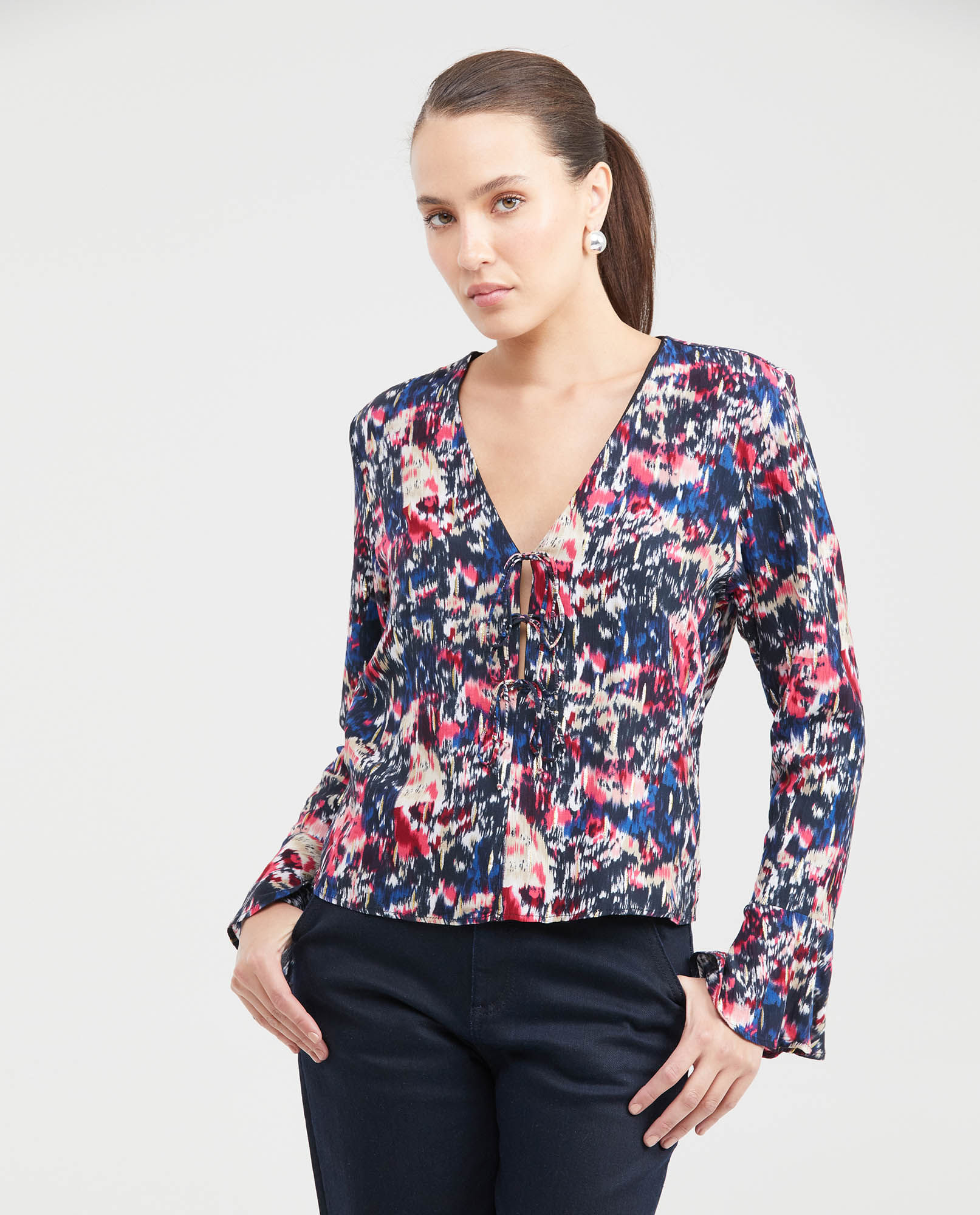 Camisa Estampada con Escote en V y Mangas Acampanadas para Mujer