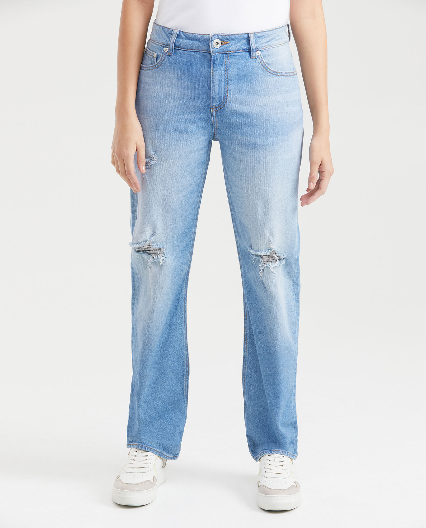 Jean High Rise Boot Cut Azul Claro Vintage con Rotos para Mujer