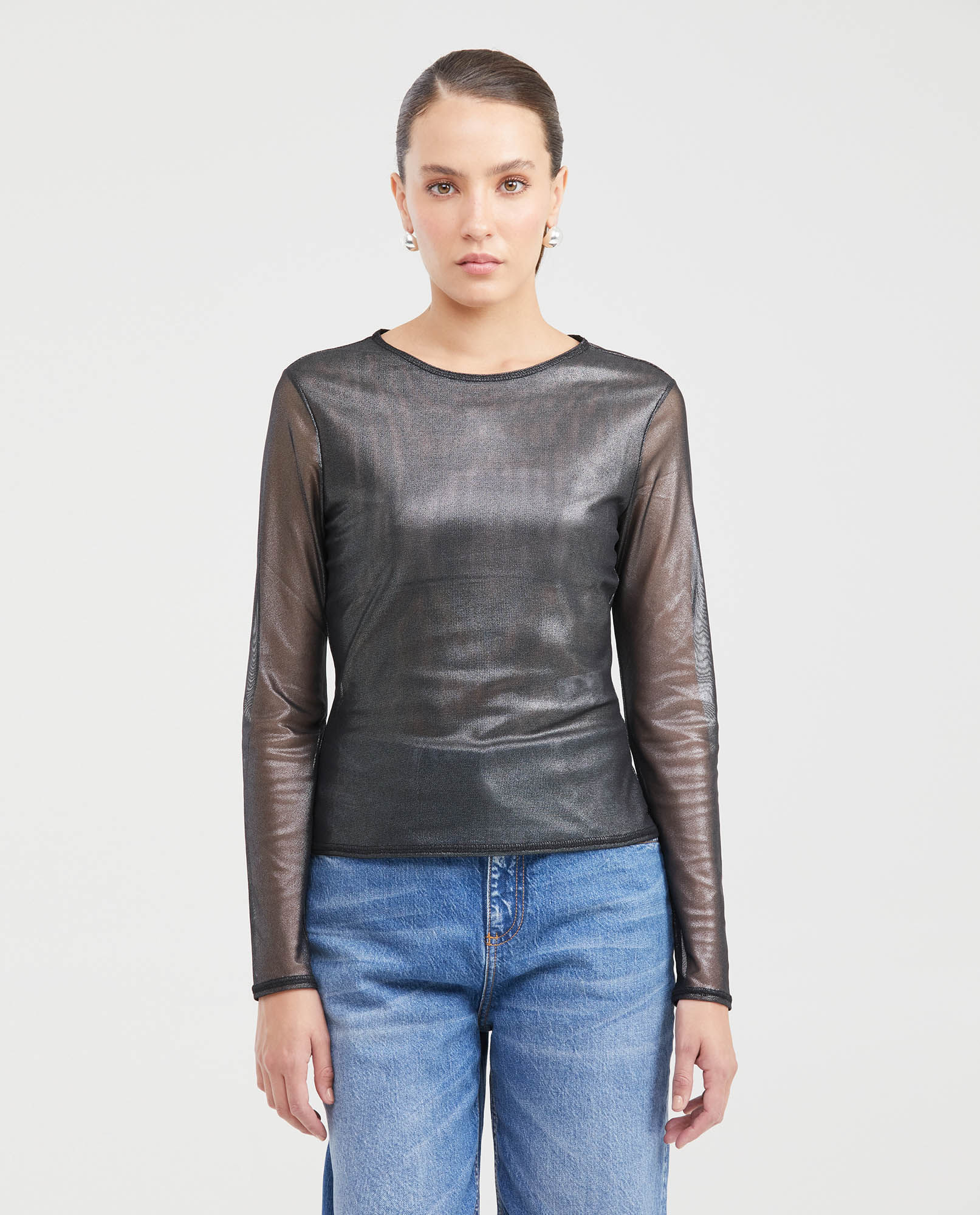 Camiseta Ajustada en Malla Semitransparente para Mujer