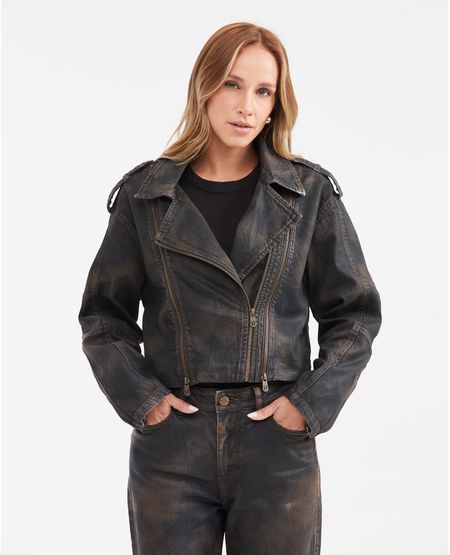 Chaqueta en Denim Tipo Biker Color Café Efecto Cuero Straight Fit para Mujer