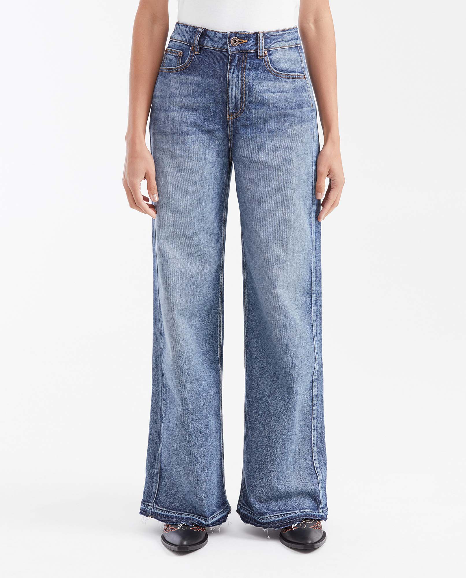 Jean Wide Leg Super High Rise Bota Relaxed Azul Oscuro para Mujer